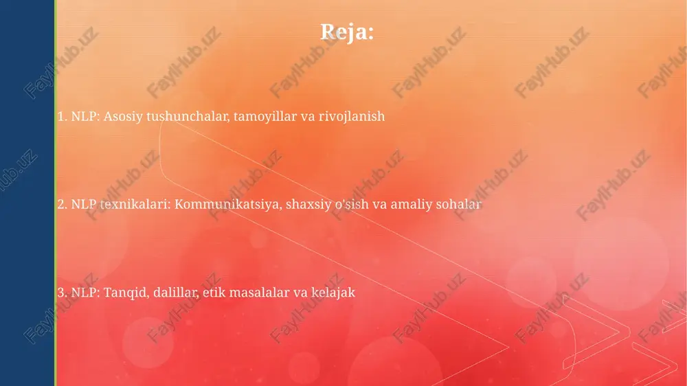 ishda qo'llaniladi; masalan, 'submodalitlarni o'zgartirish' texnikasi xronik og'riqni 50-70% ga kamaytirishga yordam beradi, vizual tasvirlarni o'zgartirish orqali. fobiyalarni davolashda nlp tez natija beradi; 'tezkor fobiyani davolash' texnikasi bir seansda 80% dan ortiq hollarda qo'rquvni yo'qotishga yordam beradi, dissotsiatsiya va qayta tuzish orqali. nlp tanqidi, bahslar, tadqiqotlar va dalillar nlpning tanqidi, asosan, uning ilmiy asoslari yo'qligiga qaratilgan, ko'plab tadqiqotlar esa 1970-yillarda yaratilgan dastlabki da'volarni tasdiqlamagan. meta-tadqiqotlar shuni ko'rsatadiki, nlpning ayrim usullari platsebo effektiga ega bo'lishi mumkin, lekin u boshqa, yaxshi tasdiqlangan terapiyalardan ustun emas. nlpning etik masalalari va kelajak istiqbollari nlp texnikalaridan suiiste'mol qilish, manipulyatsiyaga yo'l qo'yishi mumkin, ayniqsa, notanish odamlar bilan aloqada 2 tomonlama axloqiy muammolar yuzaga kelishi mumkin. kelajakda nlp sun'iy intellekt bilan integratsiyalashuvi mumkin, bu esa 3 avlod avtomatlashtirilgan terapiya va ta'lim platformalarining rivojlanishiga 40% hissa qo'shadi. e'tiboringiz uchun rahmat image4.jpg image5.jpg image6.jpg image7.jpg image8.jpg image9.jpg image10.jpg image2.png image3.png