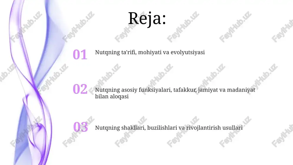 muhim rol o'ynaydi. nutq va tafakkur nutq tafakkurning tashqi ifodasidir, xuddi ichki monolog 70% holatlarda so'zlar orqali amalga oshadi, bu esa fikrlash jarayonini aniqroq va tushunarli qiladi. tafakkur nutq vositasida shakllanadi va rivojlanadi, masalan, 5 yoshgacha bo'lgan bolalarda nutq rivojlanishi tafakkurning kengayishiga bevosita ta'sir ko'rsatadi, bu esa ularning bilim olish qobiliyatini oshiradi. nutq va tafakkur o'rtasida o'zaro bog'liqlik mavjud, 3 xil darajada: fikrlash nutqni yaratadi, nutq fikrlashga ta'sir etadi va ikkalasi ham bir-birini doimiy ravishda boyitadi. nutq va jamiyat nutq madaniy merosni avloddan-avlodga o'tkazishning asosiy vositasi bo'lib, urf-odatlar, an'analar va jamiyatning 85% dan ortiq qadriyatlarini saqlab qoladi. nutq jamiyatda ijtimoiy aloqalarni o'rnatishda muhim rol o'ynaydi, odamlar o'rtasida axborot almashinuvini 70% gacha ta'minlaydi va hamkorlikni kuchaytiradi. nutq jamiyatda hokimiyat va ta'sir o'tkazish vositasi sifatida xizmat qiladi, liderlar nutqidan 60% ko'proq foydalanib, g'oyalarni ilgari suradi va odamlarni birlashtiradi. nutqning shakllari va turlari ichki nutq, odatda, bizning ongimizda kechadi va 1 kishining o'zi …