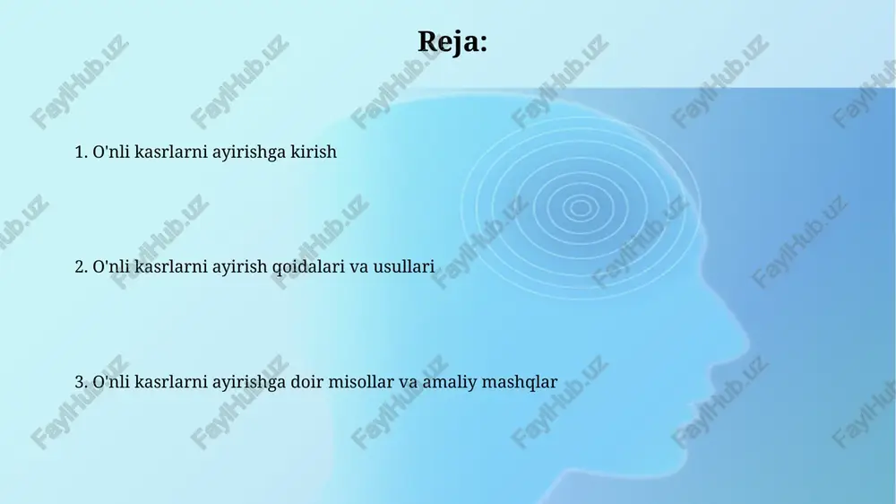 di, masalan, 5.2 - 1.25 da 5.2 ni 5.20 ga aylantiramiz. agar bir kasrning butun qismi ikkinchi kasrning butun qismidan kichik bo'lsa, ayirma manfiy bo'ladi. misol uchun, 2.5 dan 7.0 ni ayirsak, natija -4.5 ga teng. qarzdorlik bilan ayirish "qarzdorlik bilan ayirish"da, agar ayiriluvchi sonning raqami ayriluvchi sonning mos raqamidan katta bo'lsa, keyingi yuqori razryaddan 1 "qarz" olinadi, ya'ni 10 qo'shiladi. kasr sonlarni "qarzdorlik bilan ayirish"da, o'nli nuqtalar bir-birining ostida joylashishi kerak. masalan, 5.2 dan 2.7 ni ayirish uchun 5.2 - 2.7 shaklida yoziladi. qarzdorlik bilan ayirish bo'yicha misollar qarzdorlik bilan ayirishda, kasrning o'nlik qismidagi raqam kamayuvchidan kichik bo'lsa, undan oldingi butun sondan '1' qarz olinadi. bu qarz '0.1' dan '0.9' gacha kasrning o'nlik qismiga qo'shiladi. misol uchun, 5.2 dan 2.8 ni ayirishda, '2' dan '8' ni ayirib bo'lmaydi, shuning uchun '5' dan '1' qarz olamiz. natijada, '5' '4' ga aylanadi va '2' '12' ga aylanib, ayirish 4.12 - 2.8 …