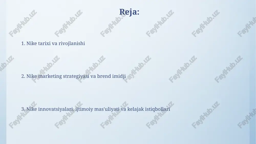 ayyorlangan mahsulotlar ulushini 50% ga oshirish va chiqindilarni kamaytirish orqali barqarorlikka erishishni maqsad qilgan. nike better world dasturi orqali ekologik izini kamaytirish, atrof-muhitni himoya qilish bo'yicha 1 million dollarlik loyihalarni qo'llab-quvvatlash uchun harakat qilmoqda. moliyaviy ko'rsatkichlar va raqobat nike 2023-yilda daromadi 51,4 milliard dollarni tashkil etdi, bu esa o'tgan yilga nisbatan 10 foizga o'sishni ko'rsatadi, bu ularning global savdodagi kuchli mavqeini aks ettiradi. adidas nike kompaniyasining asosiy raqobatchisi bo'lib, sport kiyimlari bozorining katta ulushini nazorat qiladi, ayniqsa yevropada, nike esa shimoliy amerikada ustunlik qiladi. kelajak istiqbollari nike 2030 yilga borib qayta tiklanadigan energiya manbalaridan 100% foydalanishni maqsad qilgan holda, barqaror materiallar va ishlab chiqarish usullariga katta sarmoya kiritishda davom etadi. raqamli transformatsiya tufayli, nike oʻzining d2c (toʻgʻridan-toʻgʻri isteʼmolchiga) savdosini rivojlantiradi va mijozlarga shaxsiylashtirilgan mahsulotlar va xizmatlarni taklif etadi. e'tiboringiz uchun rahmat image4.png image5.png image6.jpg image7.jpg image8.jpg image9.jpg image10.jpg image11.jpg image12.jpg image1.jpeg