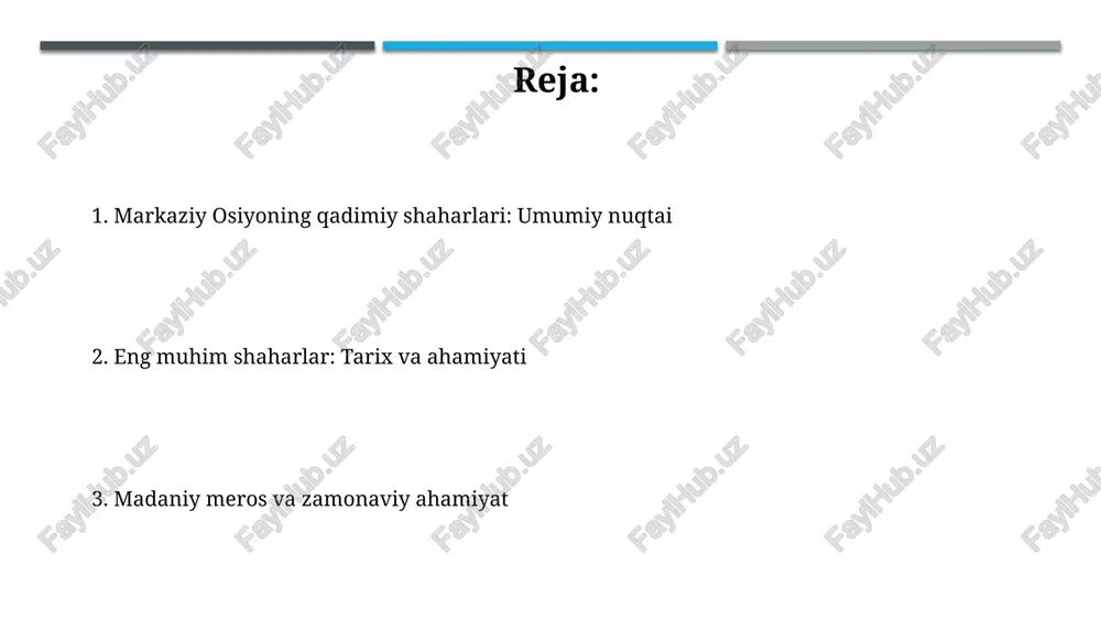 n boʻlib, 12-asrda dunyodagi eng katta shaharlardan biri hisoblangan, aholisi 200 mingdan ortiq boʻlgan. qadimiy mervning asosiy qismi beshta oʻzgaruvchan shahardan iborat: erk-kala, gyaur-kala, sulton-kala, abdulla-xon-kala va bayramali-xon-kala, har biri oʻz tarixiy davriga ega. termiz: buddistlar va savdogarlar chorrahasi termiz, 1-3 asrlarda kushon imperiyasining muhim markazi bo'lib, buddist monastirlari fayoztepa va qoratepa kabi yirik savdo yo'llarida joylashgan edi. milodiy 9-12 asrlarda termiz buyuk ipak yo'lida gullab-yashnagan shahar bo'lib, islomiy ta'siri kuchaygan davrda ham buddist merosini saqlab qoldi. ko'hna urganch: xorazmshohlarning poytaxti ko'hna urganch 12-asrda xorazmshohlar davlatining poytaxti bo'lgan va o'zining gullagan davrida markaziy osiyoning eng yirik shaharlaridan biri bo'lgan, aholisi juda ko'p edi. turkmanistonning shimolida joylashgan ko'hna urganch unesconing jahon merosi ro'yxatiga kiritilgan bo'lib, unda 11-16-asrlarga oid me'moriy yodgorliklar, jumladan, minoralar va maqbaralar mavjud. shahrisabz: amir temurning tug'ilgan joyi shahrisabz, amir temurning tug'ilgan joyi sifatida, 1336-yilda kesh shahrida dunyoga kelgan. bu uning kelajakdagi imperiyasining markaziga aylanishiga sabab bo'ldi. oq saroy …