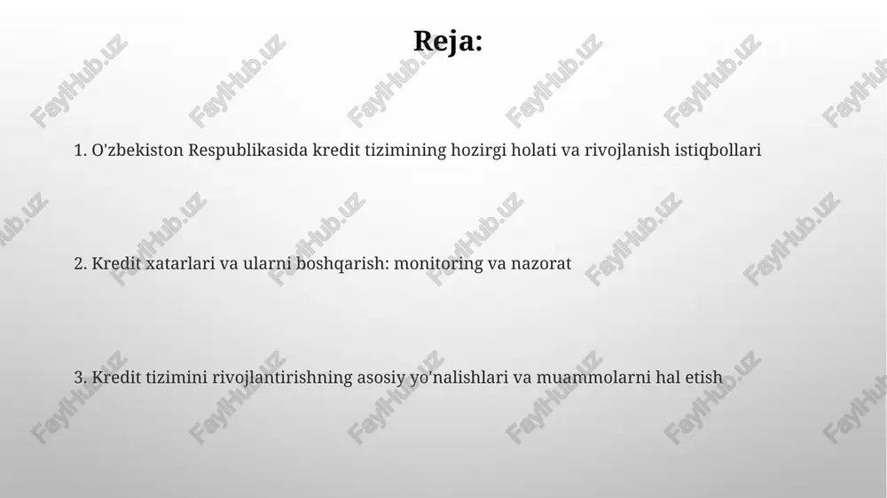 illion so'mgacha bo'lgan mikrokreditlar taklif etadi. kredit resurslari manbalari banklarning jalb qilingan depozitlari kredit resurslarining asosiy manbai hisoblanadi; ular jami kredit portfelining 60-70% ini tashkil etadi va barqaror moliyalashtirishni ta'minlaydi. davlat byudjeti kredit resurslarining muhim manbai bo'lib, ayniqsa, qishloq xo'jaligi va kichik biznesni qo'llab-quvvatlash dasturlari uchun 100 milliard so'mdan ortiq mablag' ajratiladi. kredit siyosatining davlat tomonidan tartibga solinishi o'zbekiston davlati kredit siyosatini markaziy bank orqali tartibga soladi, bu foiz stavkalarini belgilash, majburiy rezerv talablarini o'rnatish va kredit tashkilotlari uchun litsenziyalashni o'z ichiga oladi. hukumat kredit siyosatini subsidiyalar, kafolatlar va imtiyozli kreditlash dasturlari orqali amalga oshiradi, bu ayniqsa qishloq xo'jaligi va kichik biznesni qo'llab-quvvatlashga qaratilgan. kreditlashning asosiy turlari iste'mol kreditlari, odatda, 36 oygacha bo'lgan muddatga beriladi, aholining iste'mol tovarlari va xizmatlarga bo'lgan ehtiyojlarini qondirishga yo'naltirilgan kreditning muhim turidir. biznes kreditlari korxonalarning aylanma mablag'larini to'ldirish, yangi loyihalarni moliyalashtirish uchun 5 yilgacha muddatga beriladi, bu esa tadbirkorlik faoliyatini kengaytirishga yordam beradi. kredit xatarlari …