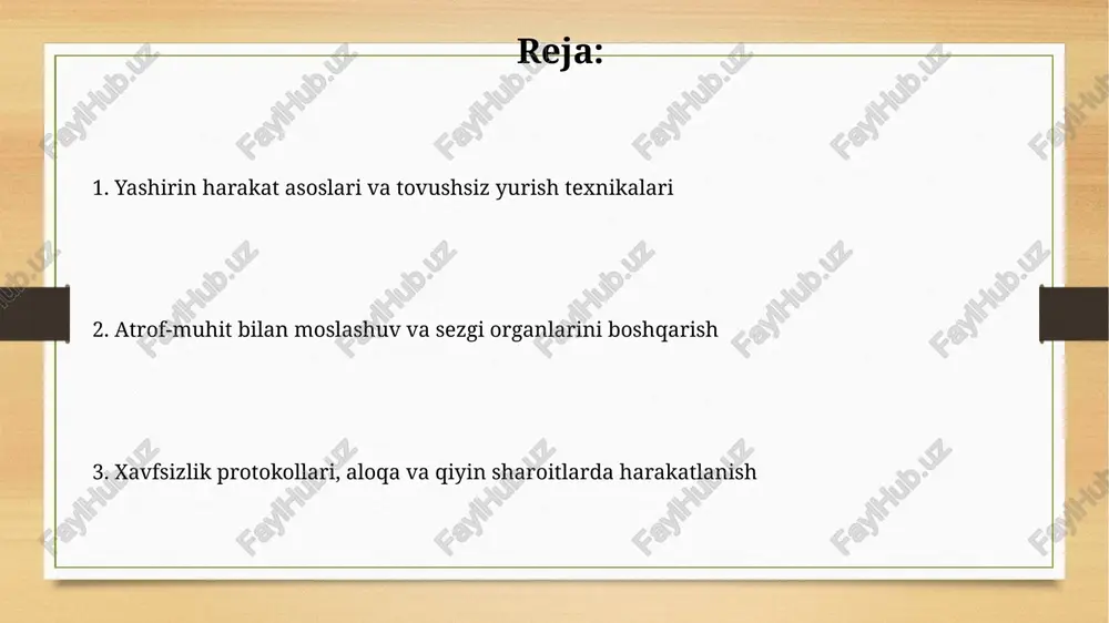 ar (masalan, qushlar yoki daryo) 50-70 desibel atrofida shovqinni yashirish uchun ishlatilishi mumkin; sun'iy shovqinlardan saqlaning. qadam qo'yish texnikasi va o'simliklar orasida harakatlanish qadam qo'yishda, 3 nuqtali aloqa usulini qo'llang: har doim ikki qo'l va bir oyoq yoki aksincha, tanangizning barqarorligini saqlang va yiqilish xavfini kamaytiring. o'simliklar orasida harakatlanayotganda, 'kengash olish' texnikasidan foydalaning: qo'lingiz bilan o'simlikni sekin suring, yo'l oching va harakatlanishdan oldin uning mustahkamligiga ishonch hosil qiling. tovush manbalaridan foydalanish dushman harakatini aniqlash uchun, shamolning yo'nalishidan foydalanib, 100 metrgacha bo'lgan masofada uzoqdagi shovqinlarni aniqlash mumkin, misol uchun, transport vositalarining ovozi. tabiiy tovushlardan, masalan, qushlarning sayrashi, hayvonlarning harakati, 20-30 metr masofadagi odamlarning harakatini aniqlash, dushman yaqinlashganda o'zgarishini kuzatish muhim. asbob-uskunalar va kiyim-kechak razvedkachi uchun kiyim-kechak, masalan, 500d cordura kabi materiallardan tayyorlangan bo'lishi kerak, bu chidamlilik va kam vaznni ta'minlab, harakatlanish qulayligini oshiradi. uskunalarning shovqinini kamaytirish uchun barcha metall qismlar lenta bilan o'raladi yoki maxsus matolar bilan qoplanadi, bu esa 10 …