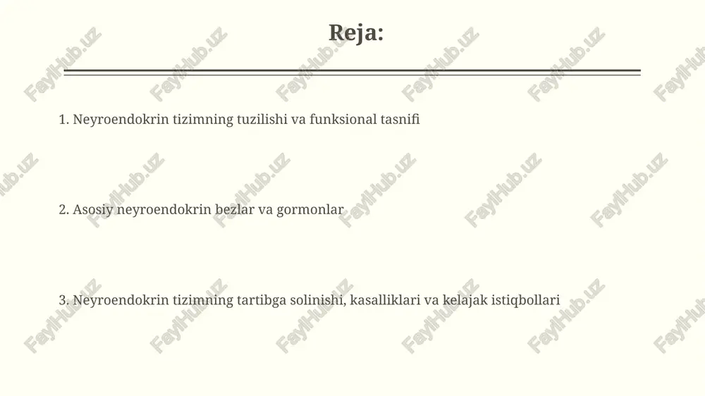 okrin hujayralar va diffuz neyroendokrin tizim (dnes) neyroendokrin hujayralar peptid gormonlari va aminlarni ishlab chiqaradi, ular 30 dan ortiq turga bo'linadi va hazm qilish traktida, nafas yo'llarida va boshqa organlarda tarqalgan. dnes, 20 dan ortiq xil neyroendokrin hujayralardan iborat bo'lib, ular mahalliy signallarni (parakrin ta'sir) va umumiy ta'sirlarni (endokrin ta'sir) amalga oshiradi. neyroendokrin tizimning boshqa tizimlar bilan o'zaro ta'siri neyroendokrin tizim immunitet bilan o'zaro ta'sir qiladi: gormonlar (masalan, kortizol) immun hujayralarining faoliyatini modulyatsiya qilib, yallig'lanishga ta'sir etadi va immunitet reaksiyalarini bostiradi. neyroendokrin tizim nerv tizimi bilan chambarchas bog'liq: gipotalamus neyrogormonlar orqali gipofizni boshqaradi, bu esa boshqa endokrin bezlarga ta'sir etib, 10 dan ortiq gormon ishlab chiqarilishini tartibga soladi. neyroendokrin tizimning asosiy fiziologik jarayonlardagi roli neyroendokrin tizim o'sish va rivojlanish jarayonlarini boshqaradi, masalan, o'sish gormoni orqali suyak o'sishini rag'batlantirish va jinsiy rivojlanishda jinsiy gormonlarning ta'siri orqali jinsiy yetuklikni ta'minlash. metabolizmda neyroendokrin tizim qon glyukoza darajasini insulin va glyukagon kabi gormonlar orqali …