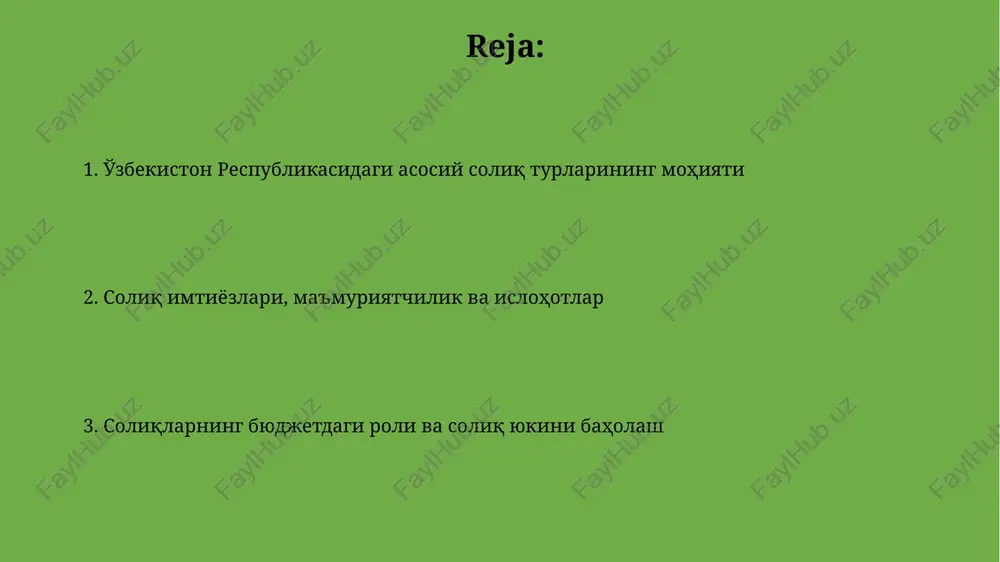 ds bo'yicha soliq imtiyozlari va preferentsiyalari mavjud bo'lib, ularning daromad solig'i yukini kamaytirishga qaratilgan. ijtimoiy soliq: mohiyati va ahamiyati ijtimoiy soliq davlat ijtimoiy sug'urta jamg'armasiga majburiy to'lov bo'lib, pensiya, vaqtincha mehnatga layoqatsizlik nafaqasi va boshqa ijtimoiy to'lovlarni moliyalashtirish uchun 25% stavkada undiriladi. ijtimoiy soliq ish beruvchilar tomonidan to'lanadi va xodimlarning ijtimoiy himoyasini ta'minlashda muhim ahamiyatga ega, shuningdek, 12 oy davomida minimal ish haqidan kam bo'lmasligi kerak. er solig'i va mol-mulk solig'i: to'lash tartibi va stavkalari yer solig'i stavkalari yer uchastkasining joylashuvi va sifatiga qarab belgilanadi, 0,1% dan 2% gacha bo'lishi mumkin, qishloq xo'jaligi yerlari uchun alohida tartib mavjud. mol-mulk solig'i jismoniy shaxslar uchun kadastr qiymatidan kelib chiqib hisoblanadi, stavka 0,2% dan 1,5% gacha bo'lishi mumkin, yuridik shaxslar uchun esa o'rtacha yillik qoldiq qiymatdan. suv resurslaridan foydalanganlik uchun soliq: maqsad va mexanizm suv resurslaridan foydalanganlik uchun soliqning maqsadi suvdan oqilona foydalanishni rag'batlantirish va suv resurslarini muhofaza qilishga qaratilgan mahalliy byudjet daromadlarini …