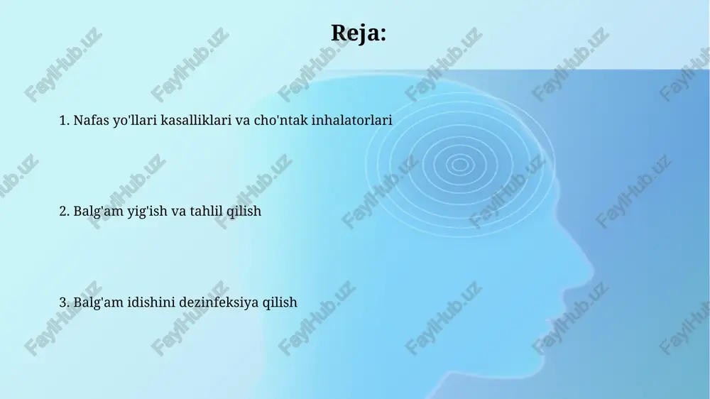 alohida yuvib, quriting, bakteriyalar ko'payishini oldini olish uchun. sterilizatsiya uchun inhalatorning qismlarini 70% izopropil spirtli eritmasida 5-10 daqiqa davomida saqlash kerak, so'ngra toza suv bilan chayib, havoda butunlay quritib, mog'or paydo bo'lishining oldini oling. balğam yig'ish: maqsad va ko'rsatmalar balg'am yig'ishning maqsadi nafas yo'llari kasalliklarini tashxislash, masalan, bakterial infektsiyalar yoki o'pka saratoni kabi holatlarni aniqlash uchun muhim ahamiyatga ega. ko'rsatmalar: o'tkir bronxit, pnevmoniya, surunkali obstruktiv o'pka kasalligi (so'pk), tuberkulyoz va o'pka absessi kabi nafas olish kasalliklarida balg'am tahlili zarur. balğam yig'ish usullari balg'am yig'ishda nafas yo'llarining adekvat namlanishi muhim, 10-15 daqiqa davomida bug' inhalatsiyasi yoki nebulayzerlardan foydalanish shart. ertalabki balg'am namunasini yig'ish optimaldir, chunki u kechasi to'plangan sekretsiyalarni o'z ichiga oladi, kamida 1-2 ml hajmda bo'lishi kerak. balğam idishini tayyorlash steril balg'am idishi oling, uning hajmi kamida 30-50 ml bo'lishi kerak, lekin bemor uni ochishdan oldin buzilmaganligiga ishonch hosil qiling. idishning tashqi yuzasini 70% li spirtli eritma bilan dezinfeksiya qiling, …