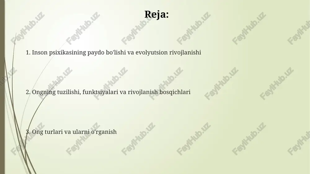 ngdek, ichki sezgilar ham mavjud. ongning asosiy vazifalaridan biri - xabardorlikni ta'minlash. bu atrof-muhit va o'z-o'zini anglashni o'z ichiga oladi, bu esa inson xatti-harakatini nazorat qilish va maqsadga yo'naltirish imkonini beradi. ongning rivojlanish bosqichlari sensorimotor bosqich (0-2 yosh) reflekslardan maqsadli harakatlarga o'tadi; bola dunyoni hissiy va harakat orqali o'rganadi, doimiylik tushunchasi shakllanadi. operatsiyalardan oldingi bosqich (2-7 yosh) ramziy fikrlashning rivojlanishi bilan tavsiflanadi; egotsentrizm xarakterli, lekin nutq va tasavvur kuchayadi. konkret operatsiyalar bosqichi (7-11 yosh) mantiqiy fikrlash qobiliyati paydo bo'ladi; konservatsiya tushunchasini tushunish va tasniflash ko'nikmalari rivojlanadi. ong turlari: faol, passiv, o'z-o'zini anglash passiv ongda shaxs tashqi ta'sirlarga 70% bog'liq bo'lib, reaktiv xatti-harakatlar namoyon qiladi va o'z faolligini kamaytiradi, bu esa 3 xil salbiy oqibatlarga olib kelishi mumkin. faol ong turida shaxs atrof-muhitga ta'sir o'tkazishga yo'naltirilgan, maqsadga erishish uchun 100% harakat qiladi va 2-darajali vazifalarga e'tibor bermaydi. o'z-o'zini anglash ong turi o'z xatti-harakatlarini 85% tahlil qilish va baholashga qaratilgan bo'lib, shaxs …