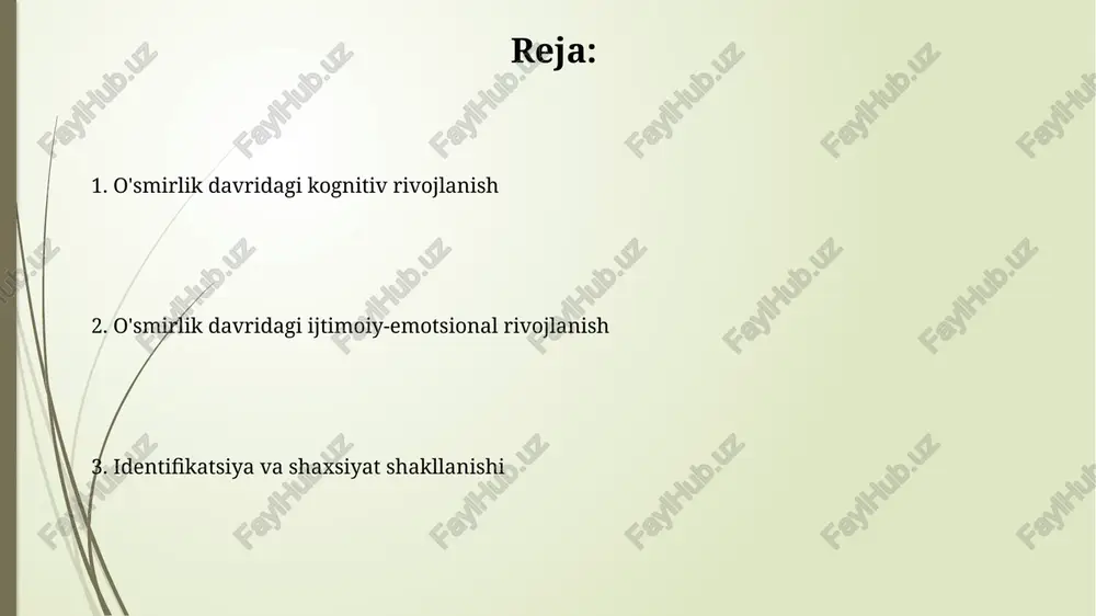 g rivojlanishi kognitiv o'zgarishlar bilan bog'liq bo'lib, 15 yoshga kelib, o'smirlar o'zlarining abstrakt fikrlash qobiliyatlarini rivojlantiradilar. o'smirlik davrida axloqiy rivojlanish o'smirlar 12-18 yoshda an'anaviy axloqdan avtonom axloqiy mulohazaga o'tadilar, qonun-qoidalar mutlaq emasligini anglaydilar. kohlbergning axloqiy rivojlanish bosqichlariga ko'ra, o'smirlar 3-bosqichda (konventsional) tengdoshlar fikriga bog'liq axloqiy qarorlar qabul qiladilar. o'smirlik davrining asosiy muammolari va ularni hal etish identifikatsiya krizisi, 12-18 yoshlarda shaxsiy kimlikni shakllantirishdagi qiyinchilik, o'z-o'zini anglash va ijtimoiy rollarni qabul qilishdagi chalkashliklarni keltirib chiqaradi. tengdoshlar bosimi, ayniqsa 14-16 yoshlarda, xulq-atvorni shakllantiradi, noo'rin xatti-harakatlar (chekish, ichkilik)ga undashi yoki ijtimoiy ajralishga sabab bo'lishi mumkin. e'tiboringiz uchun rahmat image1.jpg image2.jpg image3.jpg image4.jpg image5.jpg image6.jpg image7.jpg