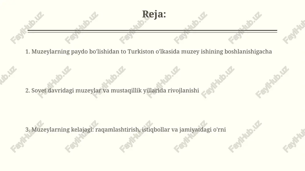 muzey arxitekturasi, dizayni va ekspozitsiyalari sovet davrida muzey arxitekturasi ko'pincha monumental klassitsizm uslubida bo'lib, 1950-yillarda qurilgan davlat tarix muzeyi kabi binolarda aks etgan, ko'pincha ulkan ustunlar va baland shiftlar bilan. muzey ekspozitsiyalari dastlab ideologik ta'sir ostida bo'lgan, ko'rgazmalar voqealarni marksistik nuqtai nazardan taqdim etgan, masalan, mehnatkash xalqning ekspluatatsiyasi va inqilobiy kurashi mavzulariga e'tibor qaratilgan. muzeylarning ilmiy, ta'limiy va ma'rifiy faoliyati muzeylar ilmiy faoliyati arxeologik qazishmalar orqali topilgan 1000 dan ortiq artefaktlarni o'rganish, ularni kataloglashtirish va ilmiy maqolalarda nashr etishni o'z ichiga oladi. ta'limiy faoliyat 5 yoshdan 18 yoshgacha bo'lgan bolalar uchun interaktiv darslar, master-klasslar va 20 dan ortiq tematik ekskursiyalarni tashkil etadi. raqamli texnologiyalar va muzeylarning kelajak istiqbollari raqamli texnologiyalar muzeylarga 3d modellashtirish orqali noyob artefaktlarni saqlash va ko'rsatish, original nusxalarga zarar yetkazmasdan keng auditoriyaga taqdim etish imkonini beradi. virtual reallik (vr) texnologiyasi orqali muzeylar interaktiv ekskursiyalar yaratishi mumkin, bu esa tashrif buyuruvchilarga o'tmishga sayohat qilish va tarixiy voqealarga sho'ng'ish …