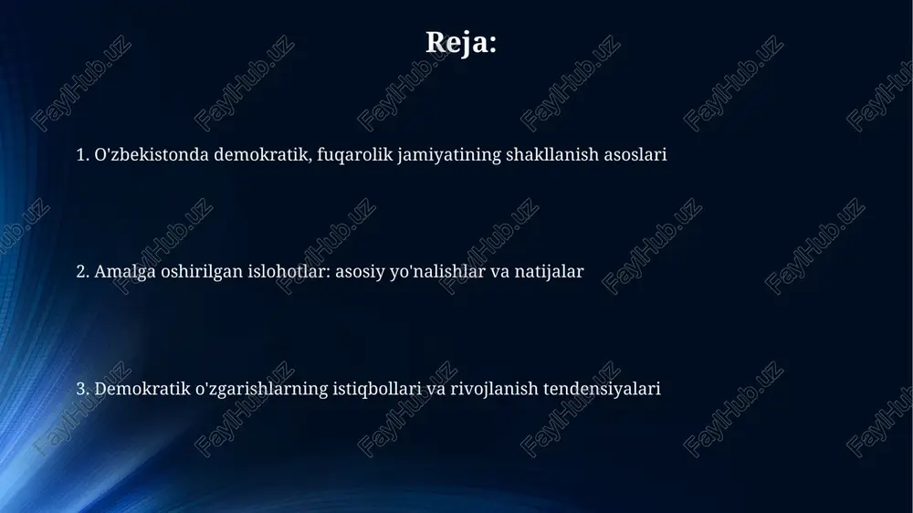 ing fraktsiyalari faoliyati kuchaytirildi, bu esa 150 deputatning turli qarashlarini aks ettirish imkonini beradi. fuqarolik jamiyatining o'rni va ahamiyati fuqarolik jamiyati, hukumat va xususiy sektor o'rtasida muvozanatni saqlash orqali jamiyat taraqqiyotiga 1990-yillardan buyon sezilarli hissa qo'shmoqda. ijtimoiy nazoratni amalga oshirish, qonun ustuvorligini ta'minlash va inson huquqlarini himoya qilish fuqarolik jamiyatining muhim vazifalaridan biri hisoblanadi. iqtisodiy islohotlar va demokratik o'zgarishlar 1990-yillarda boshlangan iqtisodiy islohotlar davlat mulkini xususiylashtirish, tadbirkorlikni rivojlantirish va bozor iqtisodiyotiga o'tishni maqsad qilgan muhim qadam bo'ldi. valyuta siyosatini liberallashtirish, jumladan 2017-yildagi konvertatsiya siyosati, xorijiy investitsiyalarni jalb qilish va tashqi savdoni faollashtirish uchun muhim demokratik o'zgarish bo'ldi. so'z erkinligi va ommaviy axborot vositalari 2018-yilda ommaviy axborot vositalari to'g'risidagi qonunga kiritilgan o'zgartishlar senzuraning taqiqlanishini va jurnalistlarning huquqiy himoyasini kuchaytirdi. 2020-yilda “axborot erkinligi prinsiplari va kafolatlari to'g'risida”gi qonun qabul qilinib, davlat organlarining axborotni taqdim etish majburiyatlari belgilandi. saylov tizimi va siyosiy partiyalar o'zbekistonda saylov tizimi aralash tizim bo'lib, 150 deputatdan iborat qonunchilik …