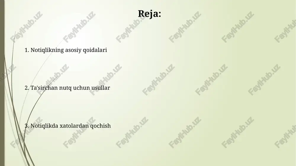 sh, notiqning 75% muvaffaqiyatini ta'minlaydi, chunki ular tinglovchilarni jalb qilish va xabarni ishonchli yetkazish uchun zarur. 3 daqiqa davomida ehtirosli nutq so'zlash tinglovchilarda 2 barobar ko'proq taassurot qoldiradi, chunki hissiyotlar xotirada chuqurroq iz qoldiradi. auditoriyani tushunish auditoriyani 70/30 qoidasiga muvofiq tahlil qiling, ularning bilim darajasi, qiziqishlari va e'tiqodlarini aniqlash uchun 3 asosiy so'rov usulidan foydalaning. auditoriyaning demografik ko'rsatkichlari (yosh, jinsi, ta'lim) va psixografik xususiyatlari (qadriyatlari, turmush tarzi) kabi 2 asosiy qismini hisobga oling. ohang va talaffuz ohang tinglovchiga ta'sir o'tkazishda muhim, nutqning 70% dan ortig'i ohang orqali yetkaziladi, shuning uchun uning me'yori juda ahamiyatlidir. talaffuzda 30 dan ortiq harflarning to'g'ri aytilishi, unlilar va undoshlarning farqini aniq talaffuz qilish, nutq ravonligini ta'minlaydi. tana tili va imo-ishoralar tana tili 55% gacha bo'lgan aloqa samaradorligini ta'minlaydi, bunda imo-ishoralar nutqni to'ldirib, tinglovchilarga ma'noni tushunishga yordam beradi. ko'z bilan aloqa - bu ishonchni ko'rsatishning muhim usuli; auditoriyaning 70-80% bilan ko'z bilan aloqa qilish orqali aloqani …