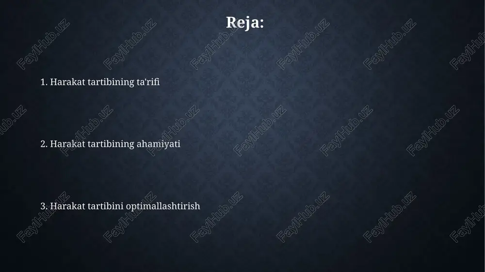 resurslarni taqsimlash va muddatlarni belgilash muhim. ushbu jarayon 3-bosqichda monitoring va nazoratni o'z ichiga oladi, bu orqali 4-bosqichda, kerak bo'lsa, o'zgartirishlar kiritish va yakuniy natijalarga erishish mumkin. harakat tartibini nazorat qilish harakat tartibini nazorat qilish 360 daraja kameralar va radar tizimlari orqali transport vositalarining pozitsiyasini aniqlash va harakatlanish yo'nalishini prognoz qilishni o'z ichiga oladi. harakat tartibini nazorat qilishda sun'iy intellekt algoritmlari ma'lumotlarni qayta ishlash, xavfsizlikni ta'minlash va harakatlanish qoidalariga rioya qilishni avtomatlashtirish uchun ishlatiladi. harakat tartibini optimallashtirish harakat tartibini optimallashtirish logistika xarajatlarini 15-20 foizga kamaytirishi mumkin, bunda optimal marshrutlash, yuk tashish va inventarizatsiya boshqaruvi strategiyalari qo'llaniladi. ishlab chiqarishda harakat tartibini yaxshilash 5s metodologiyasini qo'llash orqali 10-15 foizga samaradorlikni oshirishi mumkin, bu esa ortiqcha harakatlarni kamaytiradi. e'tiboringiz uchun rahmat image2.png image3.jpg image4.jpg image5.jpg image6.jpg image7.jpg image8.jpg image9.jpg
