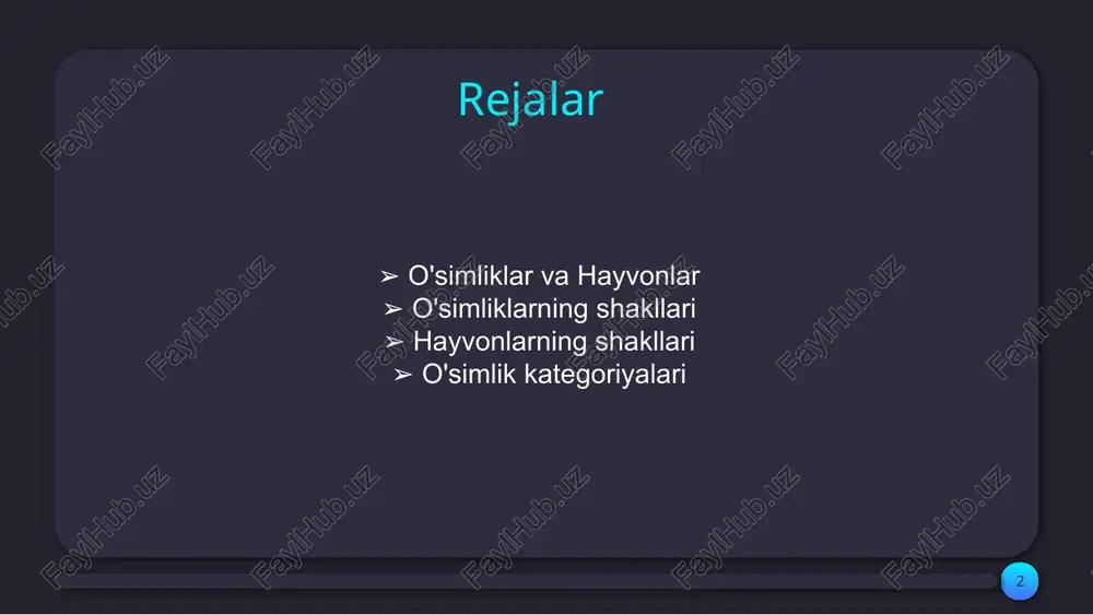 1-2 hafta davomida o'sadi. vegetativ ko'payish usuli o'simliklarning qismidan yangi o'simliklar yaratishni o'z ichiga oladi. misol uchun, o'tlar va ba'zi daraxtlar o'z ildizlari orqali ko'payadi, bu esa ularni tezroq tarqatishga yordam beradi. o'simliklarning ko'payish jarayonida genetik xilma-xillik ham muhim ahamiyatga ega. urug'lar har xil muhitga moslashish qobiliyatini oshiradi. o'simliklar ko'payishida 70% suv va 30% tuproq tarkibi muhimdir. o'simliklar ko'payishining usullari ekotizimning barqarorligini saqlashda muhim rol o'ynaydi. misol uchun, bir o'simlik turining yo'qolishi butun ekosistemaga ta'sir qilishi mumkin. bunda, o'simliklar faqat o'zlarini emas, balki boshqa organizmlarni ham qo'llab-quvvatlaydi. hayvonlar turli usullar bilan ko'payadi. tuxum qo'yish va tirik tug'ish keng tarqalgan. "hayvonlarning ko'payish usuli turga qarab farqlanadi; masalan, qushlar tuxum qo'yadi, ayrim hayvonlar vegetativ ko'payishni amalga oshiradi. 1 3 2 4 hayvonlarning ko'payish usullari o'simliklar va ekotizimlar o'simliklar ekotizimlarning asosiy tarkibiy qismlardir, ularning o'sishi va rivojlanishi ekosistemalarning muvozanatini saqlashda muhim ahamiyatga ega. o'simliklar fotosintez jarayoni orqali karbon dioksidni qabul qilib, kislorod ishlab …