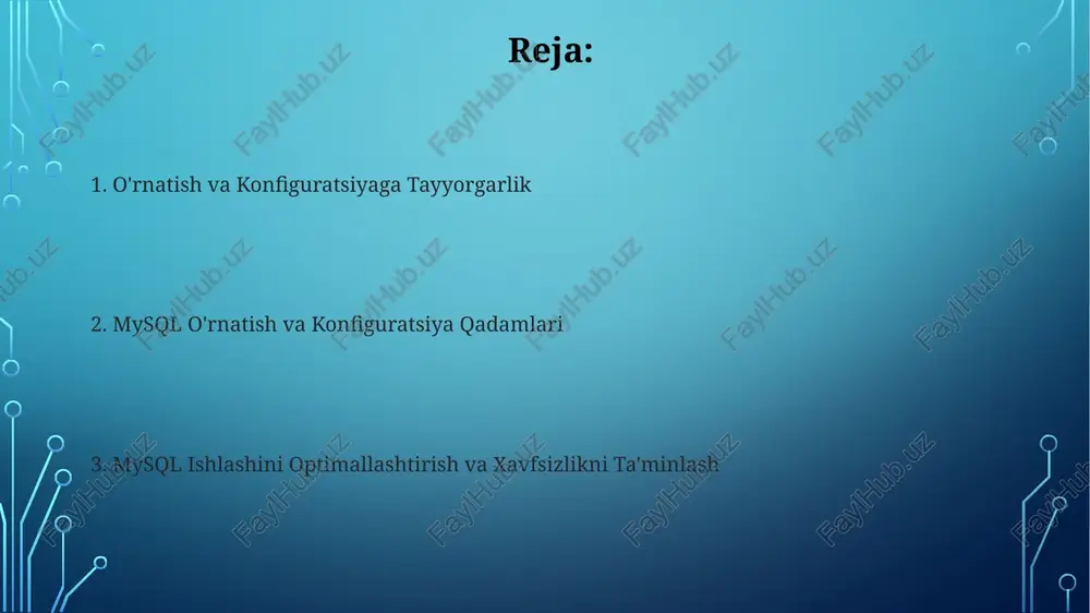 i sozlash mysql serveri xavfsizligini kuchaytirish uchun default 3306 portini o'zgartiring. misol uchun, 65432 portiga o'tkazish tashqi tajovuzkorlar uchun aniqlashni qiyinlashtiradi. root foydalanuvchisi uchun default parolni o'zgartirish juda muhimdir. kamida 12 ta belgidan iborat, murakkab paroldan foydalaning: katta va kichik harflar, raqamlar va maxsus belgilar bilan. foydalanuvchilarni yaratish va huquqlarni boshqarish mysql da foydalanuvchilarni yaratish uchun create user sintaksisidan foydalaniladi, masalan, create user 'username'@'localhost' identified by 'password';. bu foydalanuvchiga mahalliy hostdan ulanish huquqini beradi. huquqlarni boshqarish grant va revoke buyruqlari orqali amalga oshiriladi. masalan, grant select, insert on database.table to 'username'@'localhost'; foydalanuvchiga jadvalga o'qish va yozish huquqini beradi. uzoqdan ulanishni sozlash uzoqdan ulanish uchun mysql serverining konfiguratsiya fayli (odatda my.cnf yoki my.ini) da bind-address = 127.0.0.1 dan bind-address = 0.0.0.0 ga o'zgartirilishi kerak, bu barcha ip-lardan ulanishga imkon beradi. mysql da foydalanuvchi hisobini yaratishda, uzoqdan ulanishga ruxsat berish uchun % belgisi (masalan, 'username'@'%') dan foydalanib, ma'lum ip manzillaridan yoki barcha …