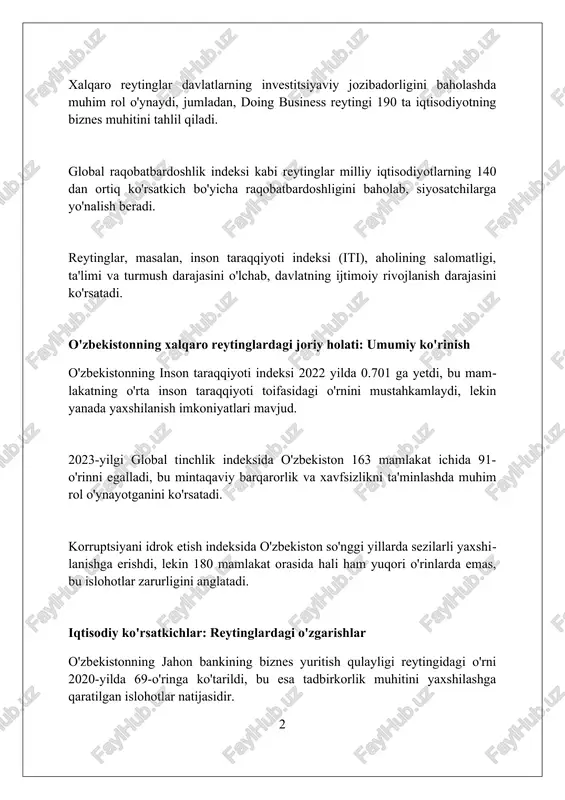 hlarini rivojlantirish va innovatsion faoliyatni qo'llab-quvvatlash bo'yicha sa'y-harakatlarni aks ettiradi. o'zbekiston yalpi ichki mahsulotining (yaim) o'sish sur'ati 2022-yilda 5,7% ni tashkil etdi, bu markaziy osiyodagi eng yuqori ko'rsatkichlardan biri bo'lib, iqtisodiy barqarorlik va o'sishni namoyish etadi. biznes muhiti va investitsiyaviy jozibadorlik o'zbekiston 2023-yilda jahon bankining "biznes yuritish" reytingida top 20 ta islohotchi davlat qatoriga kirib, soliq to'lash tartibini soddalashtirish orqali sezilarli yaxshilanishga erishdi. mamlakat investorlar huquqlarini himoya qilish bo'yicha 2023-yilda oecd standartlariga yaqinlashish maqsadida qonunchilikni takomillashtirib, xorijiy investitsiyalar hajmini 15% ga oshirdi. o'zbekistonning 2024-yilgi global innovatsiya indeksidagi ko'rsatkichlari texnologik infratuzilmani rivojlantirish va tadbirkorlik ekotizimini qo'llab-quvvatlash orqali o'sishda davom etmoqda. ijtimoiy rivojlanish: ta'lim, sog'liqni saqlash va turmush darajasi o'zbekistonda ta'lim sohasida 2023-yilda maktabgacha ta'lim qamrovi 72% ga yetdi, bu esa 2017-yildagi 27% dan sezilarli o'sishni ko'rsatadi. sog'liqni saqlash sohasida onalar o'limi ko'rsatkichi 2000-yildagi 100 000 tirik tug'ilishga 32 tadan 2022-yilda 15 tagacha kamaydi, bu sohadagi muhim yutuq. o'zbekistonda aholining turmush darajasi …