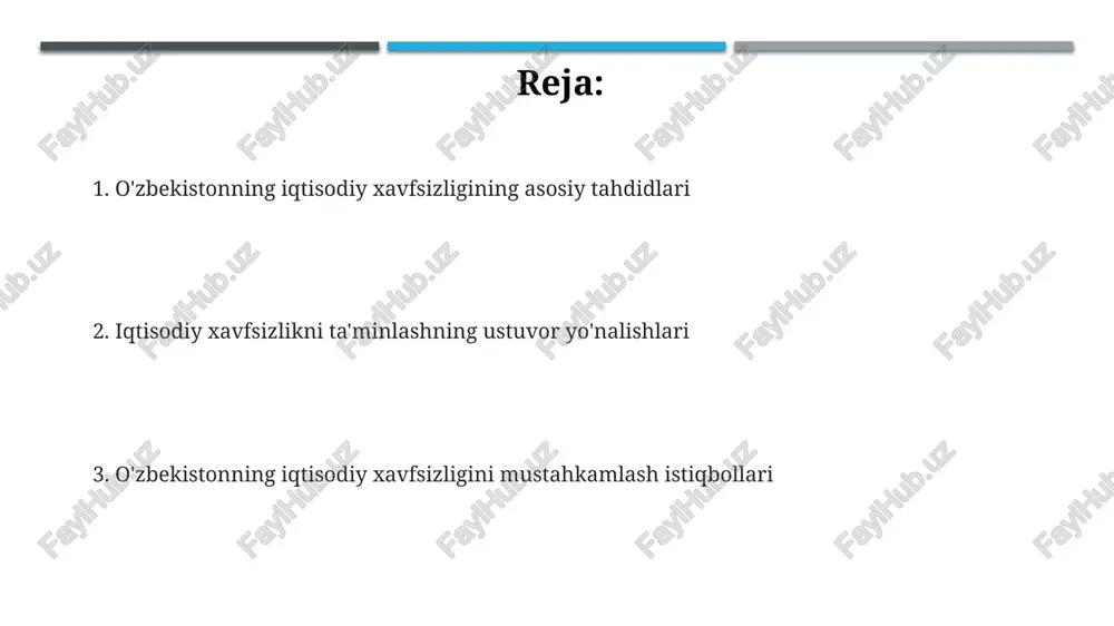 ar oshirish va sanoatni diversifikatsiya qilish, jumladan yuqori qo'shilgan qiymatli mahsulotlar ishlab chiqarishni yo'lga qo'yish iqtisodiy xavfsizlikni mustahkamlashning muhim omilidir. raqamli iqtisodiyotni rivojlantirish, it sohasiga 3 milliard dollar investitsiya kiritish va yuqori malakali mutaxassislarni tayyorlash kelajakda o'zbekistonning raqobatbardoshligini oshiradi va barqarorlikni ta'minlaydi. e'tiboringiz uchun rahmat image1.jpeg