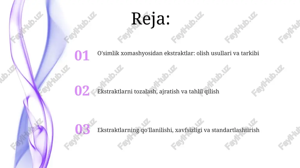 muddatini 20-30% ga uzaytiradi. qishloq xoʻjaligida ba’zi oʻsimlik ekstraktlari, misol uchun, neem daraxti ekstrakti, hasharotlarga qarshi biologik pestitsid sifatida ishlatiladi va kimyoviy preparatlarga nisbatan 40% ga kamroq toksik hisoblanadi. ekstraktlarning toksikligi, xavfsizligi va standartlashtirish ekstraktlarning xavfsizligi dozaga bog'liq bo'lib, inson iste'moli uchun o'rnatilgan qabul qilinadigan kunlik iste'mol (adi) qiymatlari mavjud. xavfsizlikni baholash uchun ld50 va in vivo testlar o'tkaziladi. ekstraktlarning toksikligi o'simlik turiga, ekstraksiya usuliga va ishlatiladigan erituvchiga bog'liq. masalan, ba'zi o'simliklarda yuqori konsentratsiyalarda zaharli bo'lishi mumkin bo'lgan alkaloidlar mavjud. ekstraktlarni saqlash, barqarorligi va iqtisodiy jihatlari ekstraktlarni to'g'ri saqlash ularning barqarorligini ta'minlaydi; masalan, antioksidantlar saqlash davrida 20% faolligini yo'qotishi mumkin, bu iqtisodiy ta'sirga ega. barqarorlikni oshirish uchun ekstraktlarni inert gaz muhitida, masalan, azot ostida saqlash mumkin, bu esa degradatsiyani 30-40% kamaytiradi va iqtisodiy foyda keltiradi. ekologik jihatlar va qonunchilik ekstraksiya jarayonida ishlatiladigan ba'zi erituvchilarning atrof-muhitga ta'siri sezilarli bo'lishi mumkin, ayniqsa voc (uchuvchi organik birikmalar) emissiyasi bilan bog'liq 1999/13/ec direktivasiga muvofiq …
