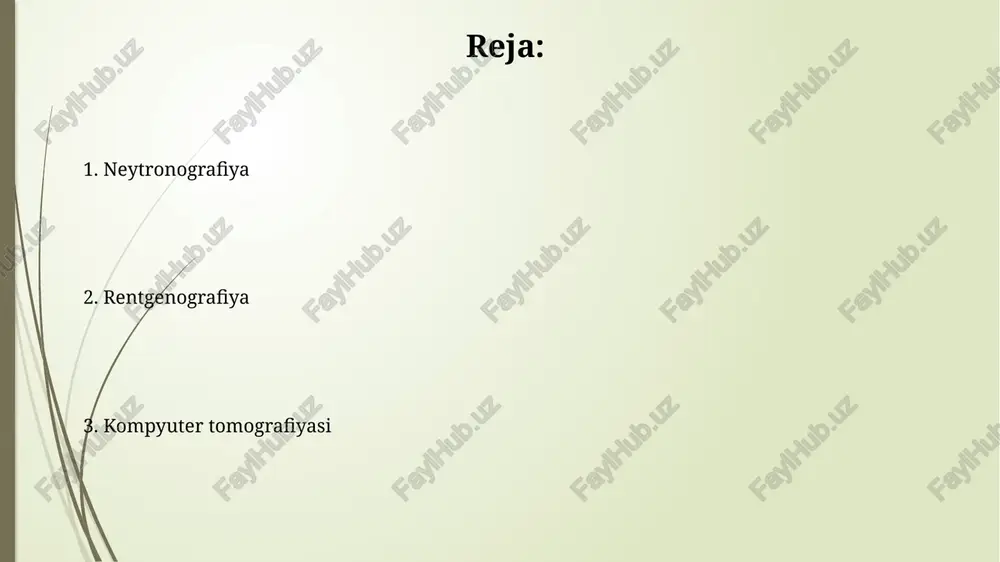 shuvini aniqlanadi, bu texnika 0.06 ev energiyali neytronlar spektri bilan amalga oshiriladi. magnit neytronografiyasi magnitlangan moddalarni o'rganishda qo'llaniladi, bu usul atomlarning magnit momentlarini aniqlash va ularning o'zaro joylashuvini tadqiq qilishga imkon beradi, bu esa materialning magnit xususiyatlarini tushunishga yordam beradi. neytronografiyaning qo'llanilishi: materialshunoslik, geologiya, biologiya va boshqalar materialshunoslikda neytronografiya, masalan, metall qotishmalarining 10^-3 darajadagi konsentratsiyada atom tuzilishini, magnit moment yo'nalishlarini aniqlashda qo'llaniladi. geologiyada neytronografiya tog' jinslarining 235u izotopi tarkibini o'rganish orqali ularning geologik yoshini aniqlash, ularning 3d tuzilishini ko'rsatishga yordam beradi. rentgenografiya - ta'rif va asosiy tushunchalar rentgenografiya diagnostika usuli sifatida a'zolar va sistemalar tuzilishini hamda funksiyalarini tekshirishda rentgen nurlaridan foydalanishga asoslangan bo'lib, tibbiyotning muhim sohasi hisoblanadi. rentgen nurlari elektromagnit to'lqinlar spektrida ultrabinafsha va gamma nurlari orasida joylashgan bo'lib, moddalardan o'tish qobiliyatiga ega hamda suyuqlik biopsiyasi uchun ishlatiladi. rentgen nurlarining xususiyatlari va ularning moddalar bilan o'zaro ta'siri rentgen nurlari 0,01 dan 10 nanometrgacha to'lqin uzunligiga ega bo'lgan elektromagnit to'lqinlar bo'lib, …