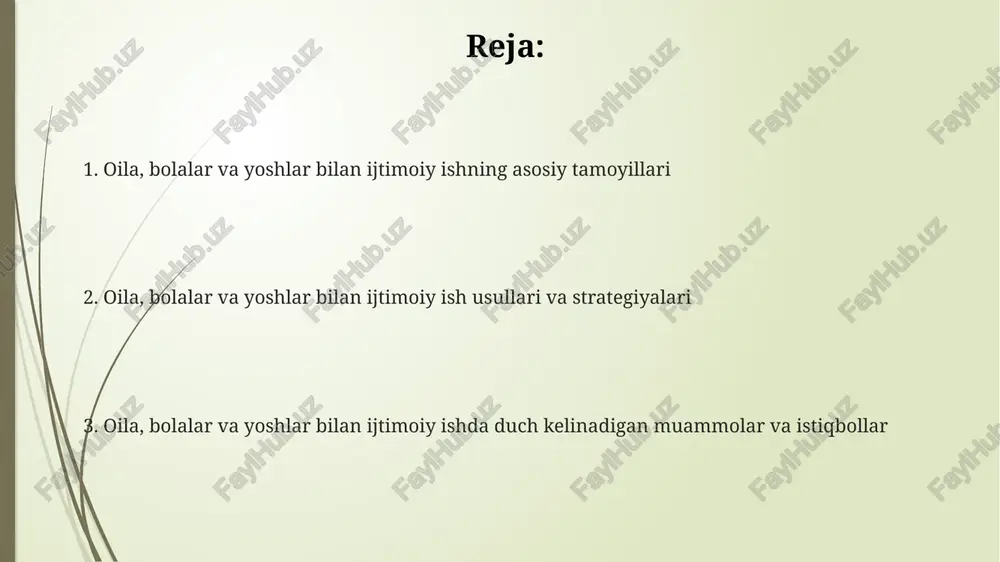 turli ijtimoiy dasturlar amalga oshiriladi. yoshlarning rivojlanishi va ijtimoiy moslashuvi o'smirlar rivojlanishining muhim jihati ijtimoiy moslashuv bo'lib, bu 13 yoshdan 19 yoshgacha bo'lgan davrda tengdoshlar guruhi ta'sirini sezilarli darajada oshiradi. ijtimoiy moslashuv jarayonida o'smirlar o'zlarining shaxsiy xususiyatlarini shakllantirish, erta kattalar hayotiga tayyorgarlik ko'rish uchun turli rollarni (do'st, lider, a'zo) sinab ko'radilar. rivojlanish davrida ijtimoiy moslashuvning muvaffaqiyati o'smirning kelajakdagi psixologik farovonligiga, jamiyatga integratsiyalashuv darajasiga va 20-25 yoshlarda sog'lom munosabatlar o'rnatish qobiliyatiga ta'sir etadi. oila va bolalarga yordam ko'rsatish usullari bolalarga psixologik yordam ko'rsatishda o'yin terapiyasi kabi usullar qo'llaniladi, bu esa ularga travmatik tajribalarni 7 ta asosiy hissiyot orqali ifodalashga yordam beradi va stressni kamaytiradi. oilalarga ijtimoiy yordam ko'rsatishda oilaviy byudjetni rejalashtirish bo'yicha maslahatlar muhim ahamiyatga ega, masalan, 50/30/20 qoidasi bo'yicha xarajatlarni taqsimlash orqali moliyaviy barqarorlikni oshirish. yoshlarga ta'lim olishda ko'maklashish uchun grant dasturlari va stipendiyalar haqida ma'lumot beriladi, masalan, 100 dan ortiq oliy o'quv yurtlarida mavjud bo'lgan imtiyozli kreditlar va moddiy …