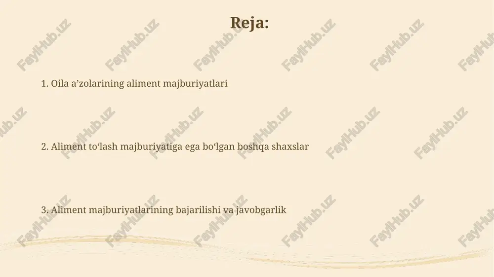 yatlari mehnatga qobiliyatsiz, yordamga muhtoj erga, agar xotinning moddiy imkoniyati boʻlsa, oila kodeksining 101-moddasiga asosan aliment toʻlash majburiyati yuklatilishi mumkin. agar nikoh davomida er nogiron boʻlib qolgan boʻlsa va xotin moddiy jihatdan qodir boʻlsa, xotin eriga aliment toʻlashi shart, qonunning 99-moddasi bilan belgilangan. ota-onalarning bolalariga nisbatan aliment majburiyatlari ota-onalarning aliment majburiyatlari 18 yoshga to'lmagan bolalarga qaratilgan bo'lib, sud qarori bilan belgilanadi va bolaning ehtiyojlarini qondirish uchun mo'ljallangan. agar ota-ona ishlamasa yoki doimiy daromadga ega bo'lmasa, aliment miqdori qonunchilikda belgilangan eng kam ish haqining muayyan ko'paytmasi sifatida belgilanadi. bolalarning ota-onalariga nisbatan aliment majburiyatlari voyaga yetgan, mehnatga layoqatli bolalar ota-onalariga moddiy yordam ko‘rsatishga majbur, agar ota-onalarning yordamga muhtojligi va mehnatga qobiliyatsizligi isbotlansa. bolalar ota-onalarga aliment to‘lashdan ozod etilishi mumkin, agar ota-onalar o‘z farzandlariga nisbatan o‘z majburiyatlarini bajarmagan bo‘lsa, masalan, aliment to‘lamagan bo'lsa. boshqa oila a'zolarining aliment majburiyatlari (bobolar, buvilar, nevaralar, aka-ukalar, opa-singillar) agar ota-onalar voyaga yetmagan bolalariga ta’minot berishga qodir bo’lmasa, bobo …
