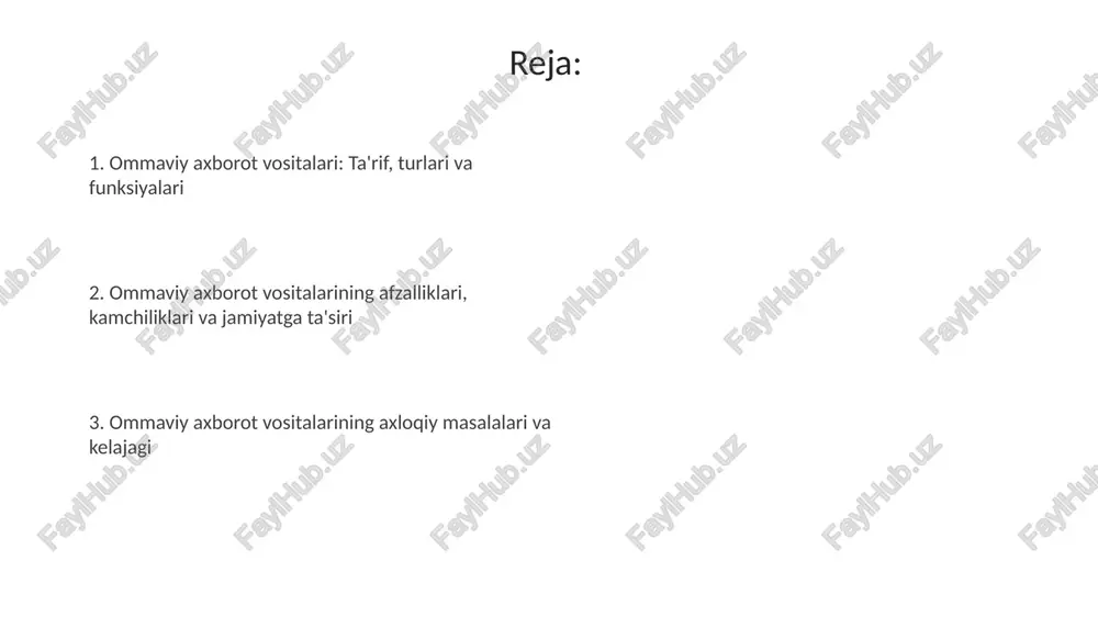 miyatning siyosiy qarorlariga ta'sir o'tkazishi mumkin, masalan, saylovlarda 15-20% gacha o'zgarishlarga olib kelishi va siyosatchilarning imidjini shakllantirishda muhim rol o'ynashi mumkin. axloqiy masalalardan biri - shaxsiy ma'lumotlarning maxfiyligini himoya qilish. 75% hollarda shaxsiy ma'lumotlar noqonuniy ravishda tarqatilishi mumkin, bu esa fuqarolarning huquqlarini buzishga olib keladi. ommaviy axborot vositalarining kelajagi kelajakda sun'iy intellekt ommaviy axborot vositalarida yangiliklar yaratish, kontentni shaxsiylashtirish va soxta yangiliklarni aniqlash kabi vazifalarni avtomatlashtirishda muhim rol o'ynaydi. prognozlar 2030 yilga borib, bu texnologiyalar keng qo'llanilishini ko'rsatadi. kengaytirilgan va virtual reallik ommaviy axborot vositalarida immersiv tajribalarni taqdim etadi, auditoriyani yangiliklar, hikoyalar va o'quv materiallari bilan yanada chuqurroq bog'laydi. 2025 yilga kelib, ar/vr texnologiyalari ommaviy axborotning 15% ini tashkil etishi kutilmoqda. e'tiboringiz uchun rahmat image3.jpg image4.jpg image5.jpg image6.jpg image7.jpg image8.jpg image1.jpeg image2.jpeg