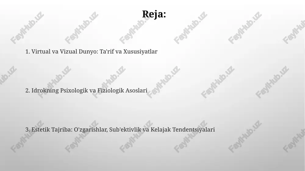 ko'pincha 5 ta sezgidan faqat 2-3 tasi (ko'rish, eshitish) simulyatsiya qilinadi, bu to'liq immersiyani cheklaydi. ortiqcha yuklanish virtual dunyoda haddan tashqari sezgi stimullaridan kelib chiqishi mumkin, masalan, haddan tashqari yorqin ranglar yoki tez harakatlanuvchi ob'ektlar, bu kognitiv stressni keltirib chiqaradi va diqqatni jamlashni qiyinlashtiradi. haqiqiylik, soxtalik va go'zallik mezonlari haqiqiylik virtual dunyoda ko'pincha 100% aniqlikni emas, balki ishonchlilik va hissiy bog'liqlikni anglatadi, bu esa qanday his qilishimizga ta'sir qiladi. go'zallik mezonlari 2d vizual san'atda rang, kompozitsiya va shakllarga asoslangan bo'lsa, 3d virtual muhitda interaktivlik va sezgirlik muhim ahamiyatga ega. texnologik rivojlanish, sun'iy intellekt va kelajak tendentsiyalari texnologik taraqqiyot immersiv ar/vr tajribalarini kuchaytiradi, hissiy simulyatsiyani takomillashtiradi va 2030-yilga kelib real va virtual dunyolar o'rtasidagi tafovutni kamaytiradi. sun'iy intellekt generativ san'atni rivojlantiradi, noyob estetik dizaynlarni yaratadi va algoritmik ta'sir orqali shaxsiy estetik ehtiyojlarni qondirishga qaratilgan 90% ko'rsatkichga erishadi. e'tiboringiz uchun rahmat image3.png image4.jpg image5.jpg image6.jpg image7.jpg image8.jpg image9.jpg image10.jpg image1.png