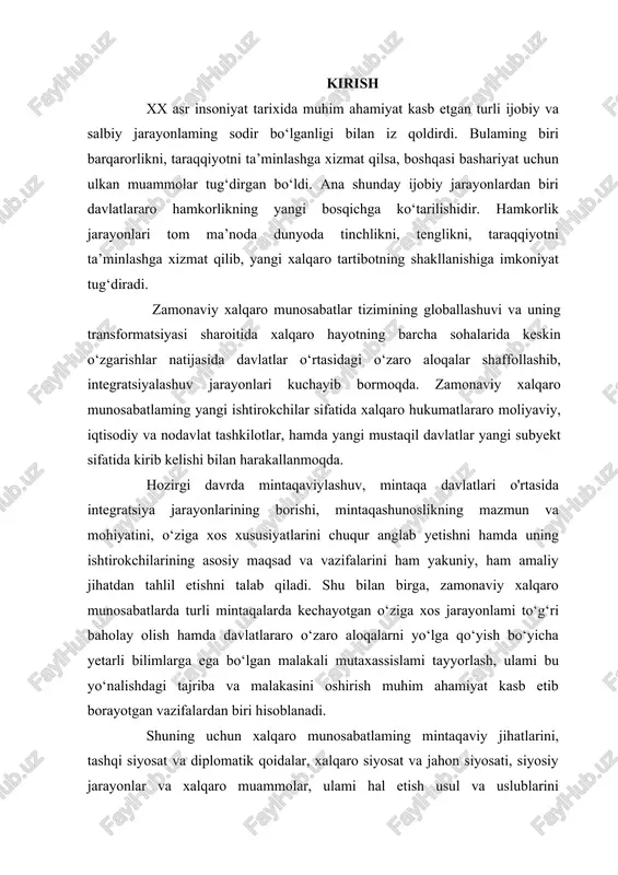 t va diplomatik qoidalar, xalqaro siyosat va jahon siyosati, siyosiy jarayonlar va xalqaro muammolar, ulami hal etish usul va uslublarini o‘rganishga urg‘u berish muhimdir. mamlakatimizda olib borilayotgan barcha ijtimoiy islohotlarning negizida asosiy bosh g‘oya qilib yurt tinchligi va xalq farovon- ligi maqsad qilib olingan ekan, shubhasiz, xalqaro maydondagi tajribalami o‘rganish va tegishli xulosalar chiqarish orqali bu maqsadlarga osonroq va jadallik bilan erishish mumkin. 1.mintaqashunoslik fani predmeti va vazifalari mintaqa ko‘p ma’noli tushuncha bo‘lib, ma’lum makon va zamon qolipidagi aniq hududni bildiradi, shundan kelib chiqib, u ilmiy adabiyotlarda ikki xil talqin qilinadi. - bir mamlakat ichidagi xo‘jalik subyekti. - bir nechta davlatlami o‘z ichiga olgan ulkan hudud. rossiyalik akademik n.n. nekrasov bu atamani “tabiiy sharoiti bir xil bo‘lgan va o‘ziga xos tabiiy resurslari asosida ishlab chiqaravchi kuchlar rivoji bilan xarakterlangan davlatning katta qismi” deb qayd etadi[footnoteref:0]. [0: nekrasov h.h. reshonalnaya ekonomika. - m.: misl,1978, 29] har qaysi fan tarmog‘i o‘z vazifasidan …
