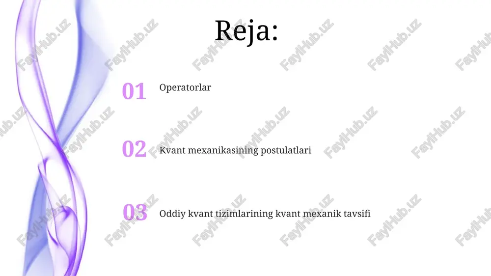 , zarracha muvozanat nuqtasi atrofida tebranadi. energiya darajalari teng ravishda joylashgan bo'lib, e_n = (n + 1/2) * ħω formula bilan ifodalanadi. kvant mexanik tavsif oddiy kvant tizimlarining kvant mexanik tavsifi, masalan, bir o'lchamli qutidagi zarracha, shredinger tenglamasining echimlari orqali zarrachaning energiyalari va to'lqin funksiyalarini aniqlashni o'z ichiga oladi. harmonik osilatorda, kvant mexanik tavsif energiyaning kvantlanganligini ko'rsatadi, ya'ni energiya qiymatlari ħω/2 dan boshlab ħω qadamlar bilan o'sadi, bu yerda ω osilatorda chastotadir. vodorod atomining kvant mexanik tavsifi, to'lqin funksiyalarini (orbitallar) va energiya darajalarini aniqlashni o'z ichiga oladi, ular bosh kvant soni (n = 1, 2, 3, ...) bilan belgilanadi. xulosa kvant mexanikasining asosiy postulatlari tizim holatini, o'lchash natijalarini va vaqt evolyutsiyasini tavsiflaydi, schrödinger tenglamasi esa ψ holat funksiyasining o'zgarishini belgilaydi. kvant mexanikasida operatorlar fizik miqdorlarni ifodalaydi, masalan, impuls operatori -ih∂/∂x shaklida bo'lib, x koordinatasi bo'yicha o'zgarishni ifodalaydi. oddiy kvant tizimlariga misol sifatida cheksiz chuqur potensial quduqdagi zarracha kiradi, bunda energiya …