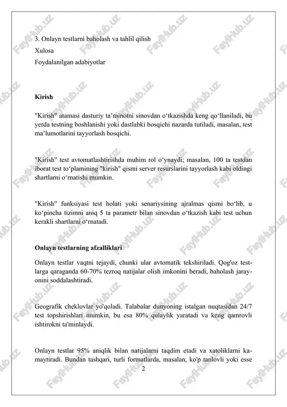 olatini baholaydi, natijada ta'lim strategiyasini optimallashtirish uchun ma'lumotlar yig'iladi. summativ testlar, o'quv davri oxirida o'tkazilib, o'quvchining umumiy o'zlashtirish darajasini baholaydi va odatda ball yoki baho shaklida ifodalanadi hamda yakuniy natijalarni aniqlaydi. formativ testlar, o'quv jarayonida talabalarning tushunishini tekshirish uchun mo'ljallangan. ularning asosiy maqsadi - 10 daqiqa ichida muammolarni aniqlash va o'qitish uslublarini moslashtirishdir. platformani tanlash platformaning xavfsizlik sertifikatlari (iso 27001, soc 2) va shifrlash protokollarini tekshiring, shaxsiy ma'lumotlar himoyasi gdpr talablariga muvofiqligini aniqlang. foydalanuvchilar soni va test topshirish yuklamasini hisobga olib, platformaning unumdorligini baholang, bir vaqtda 1000+ foydalanuvchini qo'llab-quvvatlash imkoniyatini tekshiring. platformaning api integratsiyasi imkoniyatlarini aniqlang: lms, crm va boshqa tizimlar bilan integratsiya, ma'lumotlarni avtomatlashtirish va 3-tomon dasturlarini qo'llab-quvvatlash. savol tuzish strategiyalari savolning aniqligi: har bir savol bitta aniq konseptni tekshirishi kerak, ikkiyoqlama talqinni oldini olib, 100% bir ma'noli javobga ega bo'lishi lozim. qiyinlik darajasi muvozanati: testdagi savollar 20% oson, 60% o'rtacha va 20% qiyin bo'lishi kerak, bu esa talabalarning …