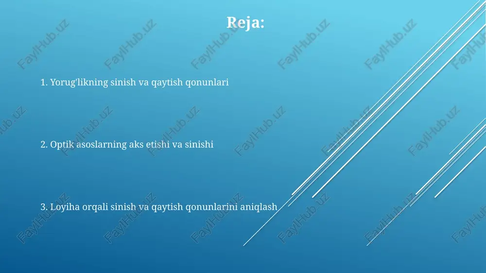 hi kabi fundamental qonunlarni oʻz ichiga oladi; bu qonunlar 17-asrda snell va boshqa olimlar tomonidan aniqlangan. yorugʻlikning sinish qonuni muhitlar orasidagi oʻtishda yoʻnalish oʻzgarishini ifodalaydi; bu oʻzgarish sindirish koʻrsatkichlari nisbati bilan belgilanadi, odatda 1 dan katta qiymatga ega. yorug'likning qaytish qonunlari yorugʻlikning qaytish qonunlarida tushish burchagi (θᵢ) qaytish burchagiga (θᵣ) teng boʻlib, bu qoida silliq sirtlarda aniq namoyon boʻladi, bu holat 17-asrda snellius tomonidan isbotlangan. qaytish qonunlariga koʻra tushayotgan nur, qaytgan nur va sirtga oʻtkazilgan normal bir tekislikda joylashadi, bu normal tushunchasi sirtga perpendikulyar chiziqni anglatadi. yorugʻlikning qaytish koeffitsienti yutilgan yorugʻlikning nisbiy miqdorini aniqlashda yordam beradi, u 0 dan 1 gacha boʻlgan qiymatlarni qabul qiladi, chunki hech qanday sirt 100% aks ettirmaydi. yorug'likning sinish qonunlari yorugʻlik bir muhitdan ikkinchi muhitga oʻtganda, chastota oʻzgarmaydi, lekin toʻlqin uzunligi va tezlik oʻzgaradi, chunki tezlik sinish koeffitsienti bilan bogʻliq: v = c/n. sinish qonuni snell qonuni bilan ifodalanadi, n₁sinθ₁ = n₂sinθ₂, bu yerda n₁ …
