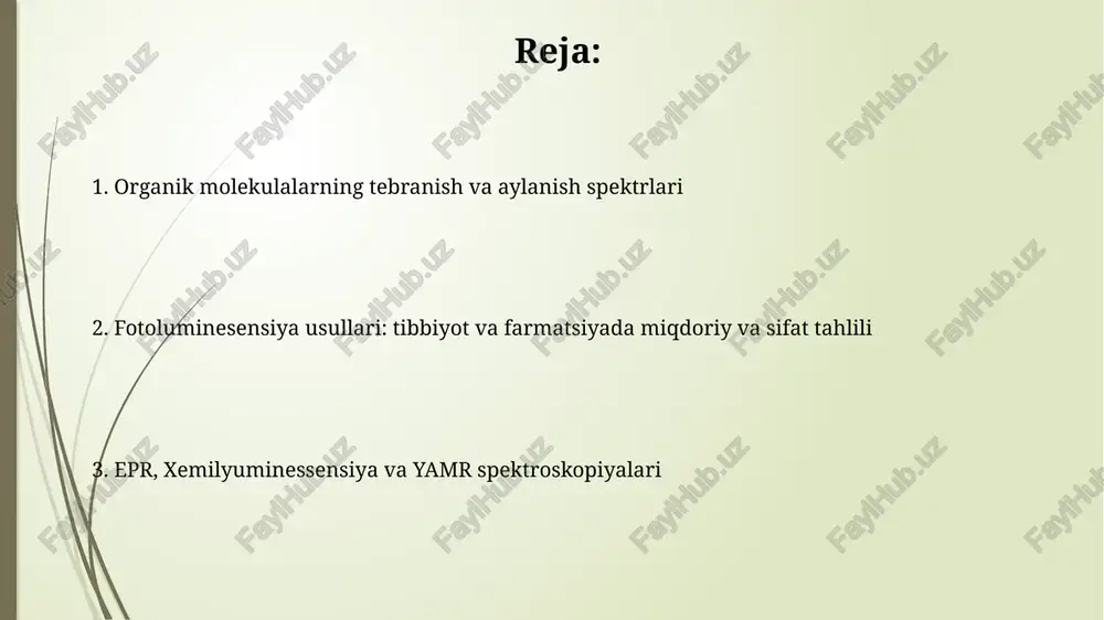 lektiv qoidalarini aniqlaydi, qaysi rejimlar infraqizil yoki raman spektroskopiyasida faol ekanligini bashorat qilib, spektrni talqin qilishni osonlashtiradi. aylanish spektrlarini tahlil qilish usullari aylanish spektrlarini tahlil qilishda inertsiya momentini aniqlash muhim, chunki u molekulaning shakli va o'lchamini aniqlashga yordam beradi. masalan, qattiq rotor modelida energiya darajalari j(j+1)b formula orqali bog'langan. aylanish doimiysi (b) spektroskopik ma'lumotlardan aniqlanadi, u molekula tuzilishi haqida ma'lumot beradi. b qiymati inertsiya momenti bilan teskari proportsional bo'lib, molekulaning aylanish tezligini belgilaydi. fotoluminessensiya: asosiy tushunchalar va turlari fotoluminessensiya – bu modda yorug'lik nurlanishini yutgandan so'ng fotonlar chiqarish jarayoni bo'lib, yutilgan energiya nurlanish ko'rinishida qayta chiqadi. bu jarayon taxminan 10^-9 sekund davom etadi. fluoressensiya – bu fotoluminessensiyaning bir turi bo'lib, unda elektron qo'zg'algan holatdan asosiy holatga qaytganda darhol yorug'lik chiqaradi. chiqarilgan yorug'likning to'lqin uzunligi yutilganidan kattaroq. fotoluminessensiya usullarining tibbiyotda qo'llanilishi fotoluminessensiya usullari saraton kasalligini tashxislashda, xususan, o'simta to'qimalarining autofluoresensiyasini o'lchash orqali, sezgirlikni 10-15% ga oshirish imkonini beradi. fotodinamik terapiyada (fdt) …