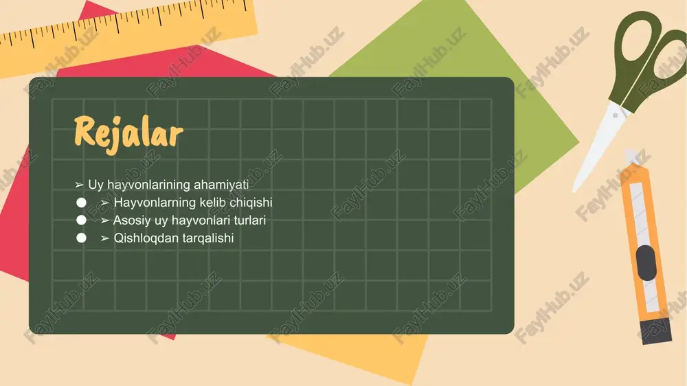 avom etmoqda. misol uchun, itlar, eng qadimiy uy hayvoni bo'lib, ovqat pishirish va himoya uchun odamlar tomonidan tarbiyalanadi. bugungi kunda, dunyo bo'ylab 900 milliondan ortiq itlar mavjud, bu esa 125 million oilani baxtiyor qiladi. kichik jonivorlar, masalan, mushuklar, ham 600 milliondan ortiq, ko'p hollarda uyda yashovchi odamlarning sog'lig'i va ruhiy salomatligiga ijobiy ta'sir ko'rsatadi. slidesmania.com uyg'otish va ijtimoiylashish uy hayvonlari odamlarning ijtimoiylashish jarayonlariga katta ta'sir ko'rsatadi. ularning yordamida odamlar bir-biri bilan osonroq muloqot qilishadi, yangi do'stlar orttirishadi va ijtimoiy tarmoq yaratishadi. shuningdek, uy hayvonlari bolalarning rivojlanishiga ham ijobiy ta'sir ko'rsatadi. tadqiqotlar shuni ko'rsatadiki, bolalar uy hayvonlari bilan o'sganda, ular empatiya, mas'uliyat va mehr ko'rsatishni o'rganishadi. 70% bolalar uy hayvonlari bilan o'sib, ijtimoiy ko'nikmalarini yaxshilashadi. slidesmania.com uy hayvonlarining motivlari uy hayvonlari insonlar bilan yaqin munosabatlar o'rnatish uchun turli motivlarga ega. ular asosan ovqat, xavfsizlik va ijtimoiy aloqalar uchun yashaydilar. masalan, itlar ovqatni izlash va egalariga sadoqat ko'rsatish motivida yashaydi. slidesmania.com oziqlanish …