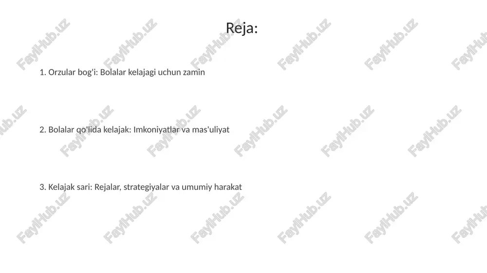 tadi, shu jumladan, etnik kelib chiqishi, jinsi yoki iqtisodiy ahvolidan qat'i nazar, teng imkoniyatlar yaratish. tenglikka erishish uchun nogironligi bo'lgan bolalarga qo'shimcha resurslar berish kerak, masalan, 2023 yildagi unicef hisobotida ta'kidlanganidek, ta'lim va inklyuziv ijtimoiy dasturlarda. madaniy meros va global muammolar: javobgarlik yuksalishi madaniy merosni saqlash 2030 yilgacha global muammolarni hal qilishda muhim rol o'ynaydi, chunki u barqaror yechimlar uchun mahalliy bilimlar va an'analardan foydalanishni ta'minlaydi. global muammolarga javoban, yosh avlod madaniy merosni raqamlashtirish va saqlash uchun texnologiyalardan foydalanib, kelajak avlodlar uchun 70% ga yetkazishi mumkin. kelajak rejasi: hamkorlik va mas'uliyat global ekologik muammolarni hal qilishda yoshlarning 90% ishtirokini ta'minlash maqsadida xalqaro tashkilotlar bilan hamkorlikni rivojlantirish lozim. 2030 yilgacha bo'lgan davrda ta'lim sohasida 75% o'zgarishlarga erishish uchun o'qituvchilar, ota-onalar va hukumat o'rtasida hamkorlikni kuchaytirish muhim. e'tiboringiz uchun rahmat image3.jpg image4.jpg image5.jpg image6.jpg image7.jpg image8.jpg image9.jpg image1.jpeg image2.jpeg