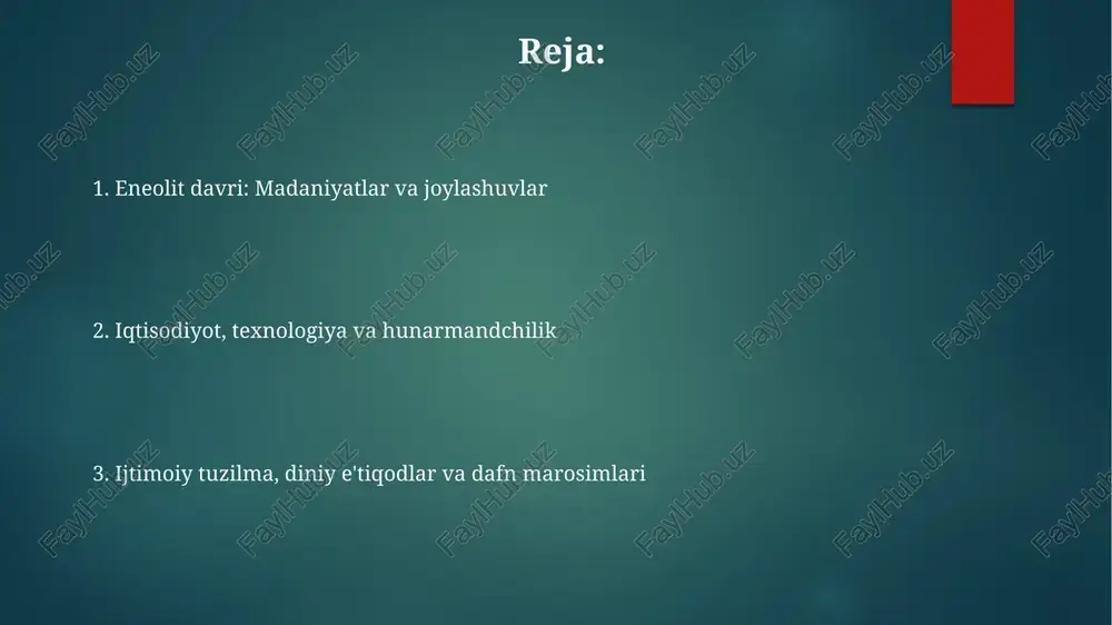 i misdan foydalanishni o'z ichiga olgan bo'lib, bolta, pichoq va zargarlik buyumlari kabi asboblar ishlab chiqarishda erta mis texnologiyasidan foydalanilgan. kulolchilik eneolit davrida muhim hunarmandchilik bo'lib, idishlar, saqlash uchun konteynerlar va marosim buyumlari yasashda foydalanilgan, ular ko'pincha geometrik naqshlar bilan bezatilgan. to'qimachilik va mato ishlab chiqarish eneolit davrida rivojlangan bo'lib, jun va zig'ir tolalaridan foydalanilgan. mato kiyim-kechak, uy anjomlari va ehtimol savdo uchun ishlatilgan. ijtimoiy tuzilma va diniy e'tiqodlar diniy e'tiqodlar tabiat kuchlariga sig'inish bilan bog'liq bo'lib, bu hayvonlarning haykalchalari va ayol xudolarining tasvirlari orqali namoyon bo'ladi, masalan, 3000 yillik anovdagi topilmalar. eneolit davrida aholining ijtimoiy tabaqalanishi boshlangan, bu esa qabrlarda topilgan boyliklar miqdoridagi farqlar bilan isbotlangan, ayrim qabrlarda ko'plab zeb-ziynatlar bo'lgan. jamiyatda oqsoqollar yoki ruhoniylar muhim rol o'ynagan bo'lishi mumkin, chunki marosimlar va diniy e'tiqodlar bilan bog'liq artefaktlar ba'zi joylarda ko'proq uchraydi, 4000 yillik sarazm kabi. san'at, dafn marosimlari va atrof-muhit eneolit davrida atrof-muhit iqlimning quruqlashuvi bilan tavsiflanadi, bu …