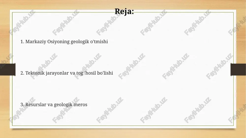 shi o'rta osiyoda paleogen davrida (taxminan 66-23 million yil oldin) alp tog' tizimining shakllanishi boshlanib, bu yer qobig'ining sezilarli harakatlariga olib keldi. neogen davrida (taxminan 23-2.6 million yil oldin) hindiston plitasining yevroosiyo bilan to'qnashuvi kuchayib, pomir va tyan-shan tog'larining tez ko'tarilishiga sabab bo'ldi. to'rtlamchi davrda (2.6 million yil oldindan hozirgi kungacha) tektonik harakatlar davom etib, er yuzasining shakllanishi, seysmik faollik va ko'plab graben-antiklinal strukturalarning paydo bo'lishiga olib keldi. muzliklar va daryolarning geologik roli daryolar eroziya, tashish va cho'kindi jinslarni yotqizish orqali geologik shakllanishlarga ta'sir etadi, masalan, allyuvial konuslar million yillar davomida shakllanadi. muzliklar markaziy osiyoda jarlarni chuqurlashtirib, u shaklidagi vodiylarni hosil qiladi va 1000 metr chuqurlikgacha yetishi mumkin bo'lgan morenalarni qoldiradi. muzliklar va daryolarning birgalikdagi ta'siri natijasida hosil bo'lgan cho'kindi jinslar, misol uchun, lyoss 10 000 yil ichida shamol ta'sirida shakllangan bo'lishi mumkin. foydali qazilmalar va konlar uran konlari ham mavjud boʻlib, ularning geologik zaxiralari 100 ming tonnaga yaqin baholanadi …