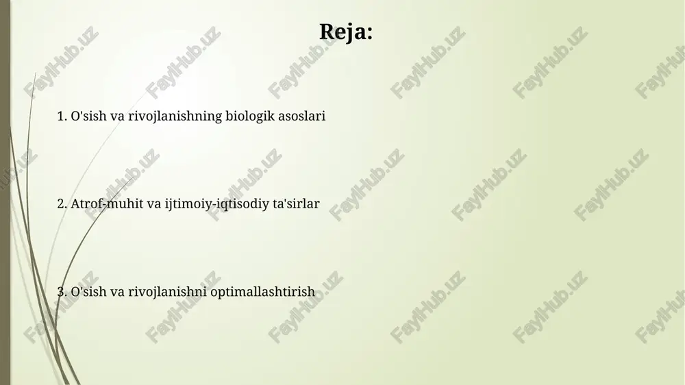 bet, o'sish gormonining ishlab chiqarilishiga ta'sir qilib, bolaning o'sish sur'atini sekinlashtirishi mumkin, bu esa jismoniy rivojlanishni kechiktiradi. immunitet tizimi buzilishi, masalan, oiv infektsiyasi, organizmning oziq moddalarni o'zlashtirish qobiliyatiga salbiy ta'sir ko'rsatadi va oqibatda sog'lom o'sish va rivojlanishga to'sqinlik qiladi. psixologik va ijtimoiy-iqtisodiy omillar psixologik omillar, xususan, bola xavfsizligini his qilishi, o'ziga bo'lgan ishonchi va stress darajasi kabi jihatlar kognitiv va ijtimoiy rivojlanishga sezilarli ta'sir ko'rsatadi, ya'ni 0 dan 5 yoshgacha. ijtimoiy-iqtisodiy holat oilaning oziqlanishi, tibbiy xizmatlar va ta'lim olish imkoniyatini belgilaydi; kam ta'minlangan oilalarda o'sgan bolalar rivojlanishda 20-30% ortda qolishi mumkin. ta'lim, madaniyat va geografik joylashuv ta'lim sifati bolaning kognitiv rivojlanishiga sezilarli ta'sir ko'rsatadi, erta bolalik davridagi yaxshi ta'lim kelajakda 25-30% yuqori daromad olish imkoniyatini beradi. madaniyat bolalarning o'zini tutish normalari, ijtimoiy roli va qadriyatlarini belgilaydi, masalan, kollektivistik madaniyatlarda jamoaga sodiqlik individualistik madaniyatlarga qaraganda 40% yuqori. e'tiboringiz uchun rahmat image1.png image2.jpg image3.jpg image4.jpg image5.jpg image6.jpg image7.jpg image8.jpg