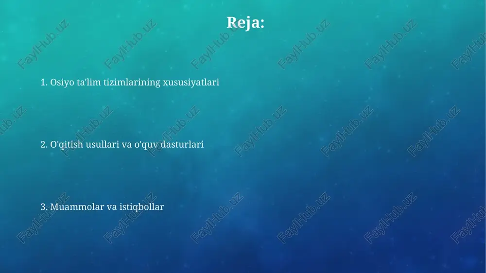ayyorlanadilar. ta'limdagi muammolar va yechimlar o'qituvchilarning malakasini oshirishda muammolar bor, ko'pincha 20-asr usullari qo'llaniladi, bu esa 21-asr talablariga javob bermaydi. yechim - zamonaviy pedagogik treninglar va texnologiyalarni joriy etish. ta'limda tengsizlik mavjud, ayniqsa qishloq joylarda, bu yerda resurslar va sifatli o'qituvchilar yetishmaydi. yechim - davlat tomonidan investitsiyalarni oshirish va imtiyozli dasturlarni ishlab chiqish. xulosa xulosa shuni ko'rsatadiki, osiyo mamlakatlaridagi ta'lim tizimlari o'ziga xos xususiyatlarga ega, masalan, imtihonlarga katta e'tibor beriladi va bu stress darajasini oshiradi. osiyo ta'lim tizimlarida o'quvchilarning 90% dan ortig'i qo'shimcha repetitorlik darslariga qatnashadi, bu esa ularning ta'lim olishga bo'lgan sarmoyasini sezilarli darajada oshiradi. e'tiboringiz uchun rahmat image3.png image4.jpg image5.jpg image6.jpg image7.jpg image8.jpg image9.jpg image10.jpg