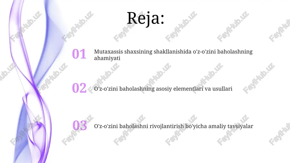 a ahamiyati o'z-o'zini baholash, shaxsning o'z imkoniyatlari va kamchiliklarini 360 gradusda analiz qilib, 1 dan 10 gacha oraliqda raqamli ko'rsatkich bilan ifodalashdir. o'z-o'zini baholashning mohiyati, shaxsning o'ziga xolis qarash orqali, rivojlanish uchun aniq maqsadlarni belgilashga yordam beradi. ya'ni 70% muvaffaqiyat garovidir. o'z-o'zini baholash jarayoni, professional o'sishning muhim 2 bosqichini o'z ichiga oladi: real baholash va unga muvofiq 100% harakat qilish. o'z-o'zini baholashning turlari noto'g'ri o'z-o'zini baholash 2 xil bo'ladi: yuqori baholash (qobiliyatlarni oshirib ko'rsatish) va past baholash (qobiliyatlarni kam baholash). bu 50% noto'g'ri xulosalarga olib keladi. adekvat o'z-o'zini baholash shaxsning real qobiliyatlarini to'g'ri aks ettiradi, 100% mos keladi. sub'ekt o'zining kuchli va zaif tomonlarini biladi hamda ularni to'g'ri baholaydi. diferensial o'z-o'zini baholashda shaxs turli sohalarda o'zini turlicha baholaydi. masalan, matematikada 90% natijaga erishsa, musiqa sohasida 60% natijaga ega bo'lishi mumkin. o'z-o'zini baholashning shaxsiyatga ta'siri o'z-o'zini baholash 9 ta yo'nalishda (masalan, axloqiy me'yorlar, bilim darajasi) professionallikni shakllantirishga ta'sir qiladi, bu esa …
