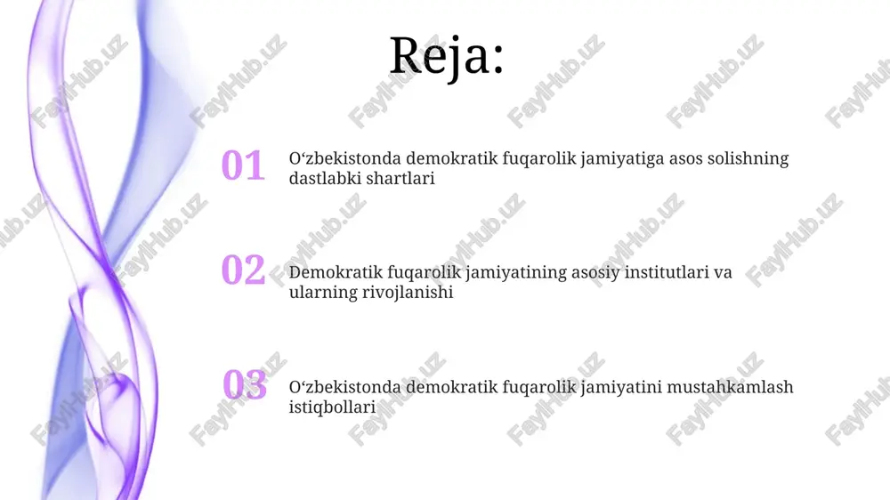 chuqur islohotlar oʻtkazish uchun asos boʻldi. mustaqillikning dastlabki yillarida bozor iqtisodiyotiga oʻtish, xususiylashtirish va tadbirkorlikni qoʻllab-quvvatlash kabi muhim demokratik islohotlar boshlandi. konstitutsiya – demokratik jamiyat qurishning huquqiy asosi o'zbekiston konstitutsiyasi 1992-yil 8-dekabrda qabul qilingan bo'lib, davlat hokimiyatining bo'linishi tamoyilini huquqiy jihatdan mustahkamlab, demokratik jamiyat asoslarini yaratdi. konstitutsiyaning ii bo'limi inson huquqlari va erkinliklariga bag'ishlangan bo'lib, 40 dan ortiq moddalar orqali fuqarolarning asosiy huquqlarini kafolatlaydi va himoya qiladi. konstitutsiyada sud hokimiyatining mustaqilligi belgilangan bo'lib, 118-modda sudlarning faqat qonunga bo'ysunishini ta'minlab, adolatli qarorlar qabul qilish imkoniyatini yaratadi. siyosiy partiyalar va ularning fuqarolik jamiyatidagi roli partiyalarning fuqarolik jamiyatidagi vazifasi 16 ta siyosiy partiyadan iborat bo'lib, ular fuqarolarning siyosiy qarashlarini ifodalash va targ'ib qilishdan iborat. o'zbekistonda siyosiy partiyalar 5 yillik muddatga saylanadigan oliy majlis qonunchilik palatasida qonun loyihalarini ilgari surishda muhim rol o'ynaydi. siyosiy partiyalar 30% kvotaga ega bo'lib, ayollarning davlat boshqaruvida faol ishtirok etishini ta'minlaydi va jamiyatning rivojlanishiga hissa qo'shadi. nodavlat notijorat tashkilotlar …