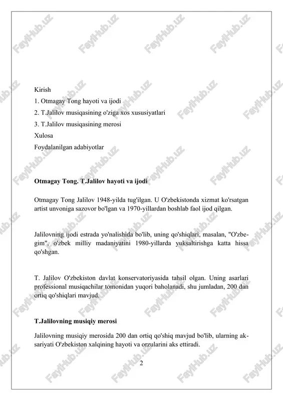 di. uning ilk musiqiy izlanishlari kompozitorning kelajakdagi uslubini shakllantirishda muhim rol o'ynadi, ayniqsa, 'o'zbekiston tongi' kabi 3 ta xor asarida yaqqol ko'rinadi. jalilovning 1962-yildagi 'dilbarim' operasi uning professional kompozitor sifatida shakllanishida muhim bosqich bo'lib, 4 pardadan iborat va lirik-dramatik xususiyatga ega. t.jalilovning mashhur qo'shiqlari “o’zbekistonim” qo'shig'i 1947-yilda yaratilgan bo'lib, u o'zbek xalqining vataniga bo'lgan cheksiz muhabbatini, shuningdek, uning 1941-1945-yillardagi urushdan keyingi tiklanish davrini aks ettiradi. t.jalilovning “ey, aziz ustoz” nomli mashhur qo'shig'i o'qituvchilarga bag'ishlangan bo'lib, unda pedagoglarning jamiyatdagi o'rni va ahamiyati, ularning fidoyiligi ibratli misollar orqali tasvirlangan. “chashmai ayyub” ashulasi buxoro shahrining qadimiy tarixiy obidasi haqida hikoya qiladi, unda o'tmishning buyuk merosi va ushbu 2300 yillik yodgorlikning ma'naviy ahamiyati yuqori darajada aks etgan. uning musiqasida milliy ohanglar jalilovning musiqasida milliy ohanglar, ayniqsa, o'zbek maqomlarining murakkab tuzilishi va 6/8, 7/8 kabi xalq raqs usullari mohirlik bilan ishlatilgan. uning asarlarida milliy cholg'u asboblarining, jumladan, dutor, tanbur va nayning tembral xususiyatlari chuqur aks …