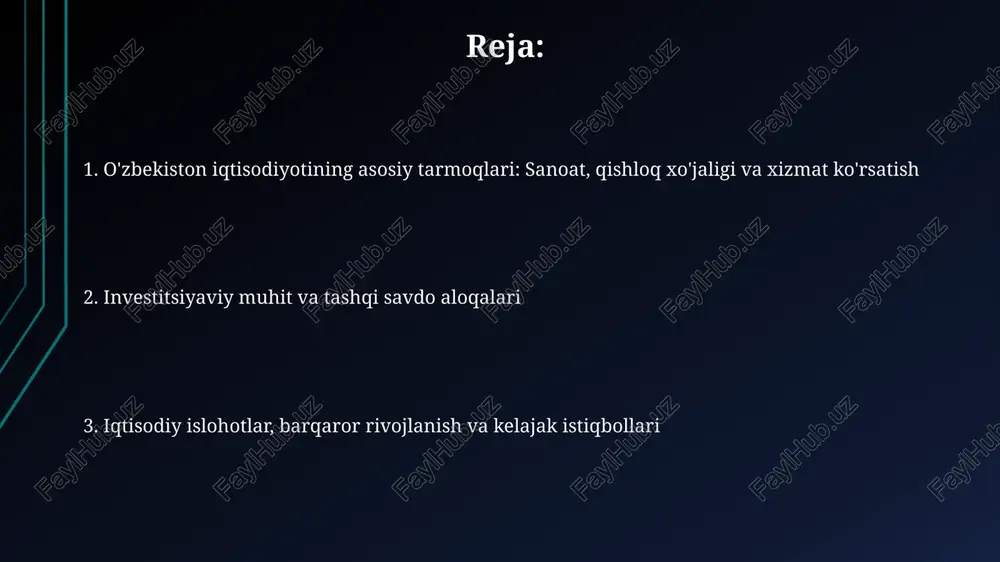 tig'i 30 yoshdan kichik, bu esa malakali ishchi kuchiga bo'lgan talabni oshiradi va ta'lim tizimiga bosim o'tkazadi. kelajak istiqbollari va iqtisodiy muammolar o'zbekiston iqtisodiyotining kelajagi 2030-yilga borib, sanoatni diversifikatsiya qilish, xizmat ko'rsatish sohasini kengaytirish va raqamli iqtisodiyotni rivojlantirish orqali barqaror o'sishga erishish bilan bog'liq. asosiy muammolardan biri korrupsiyani kamaytirish, biznes muhitini yaxshilash va 2026 yilgacha bozor islohotlarini chuqurlashtirish orqali xorijiy investitsiyalarni jalb qilishdir. e'tiboringiz uchun rahmat image1.jpg