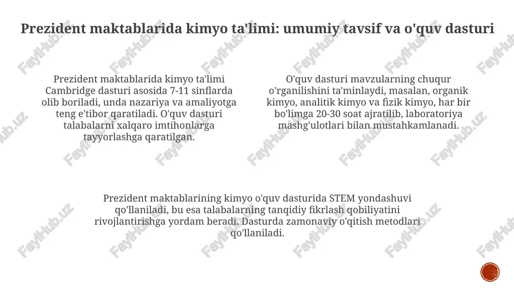 esa tushunishni 40% ga oshiradi. flipped classroom metodidan foydalanish orqali o'quvchilar uyda 20 daqiqalik videolarni ko'rib, darsda murakkab masalalarni yechish va eksperimentlar o'tkazishga 60% ko'proq vaqt sarflaydilar. baholash tizimi va o'quvchilarning bilimini nazorat qilish prezident maktablarida kimyo baholash tizimi formative va summative baholashlarni o'z ichiga oladi, dars davomida 10-15 daqiqalik testlar va har chorakda katta nazorat ishlari o'tkaziladi. o'quvchilarning bilimini nazorat qilishda og'zaki javoblar, yozma ishlar, laboratoriya tajribalari va loyihalar baholanadi, bunda har bir topshiriqning aniq baholash mezonlari va vazn koeffitsientlari mavjud. kimyo fanidan baholashda xalqaro standartlar (ib, a-level)ga mos ravishda o'quvchilarning analitik fikrlashi, muammolarni yechish qobiliyati va ilmiy tadqiqot ko'nikmalariga alohida e'tibor qaratiladi. amaliy mashg'ulotlar, laboratoriya ishlari va fan olimpiadalari kimyo fan olimpiadalarida ishtirok etish o'quvchilarning nazariy bilimlarini amaliyotda qo'llash qobiliyatini sinovdan o'tkazadi va xalqaro miqyosda mamlakat sharafini himoya qilish imkoniyatini beradi. prezident maktablarida amaliy mashgʻulotlar steam yondashuvi asosida 9-11 sinflarda 20 dan ortiq laboratoriya ishlarini qamrab oladi, bunda …