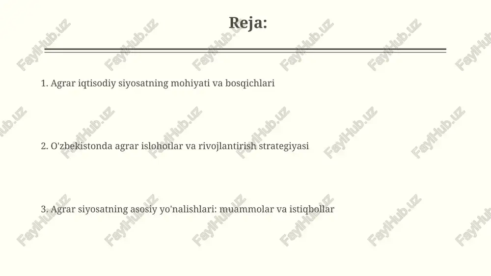 , foiz stavkalari 7%gacha kamaytiriladi. veterinariya xizmatlari subsidiyalash orqali kasalliklarni oldini olish ishlari kuchaytiriladi. yer munosabatlarini takomillashtirish va agrar sektorni diversifikatsiya qilish yer munosabatlarini takomillashtirish 2023-yilgacha yer kodeksiga o'zgartishlar kiritishni nazarda tutadi, bu esa yer uchastkalarini xususiylashtirishning 50% ga oshishiga yordam beradi. agrar sektorni diversifikatsiya qilishda meva-sabzavot yetishtirishni 30% ga ko'paytirish va yangi to'qimachilik korxonalarini barpo etish orqali eksport hajmini oshirish maqsad qilingan. agrar sohada zamonaviy texnologiyalar va innovatsiyalarni joriy etish agrar sohada dronlar va sun'iy yo'ldosh tasvirlaridan foydalanish ekin maydonlarini monitoring qilish, hosildorlikni aniqlash va sug'orishni optimallashtirish imkonini beradi, bu esa 15-20% gacha suvni tejashga yordam beradi. genetik modifikatsiyalangan (gm) ekinlar va urug'larni joriy etish hosildorlikni 25-30% ga oshirishi, zararkunandalarga chidamliligini ta'minlashi va pestitsidlardan foydalanishni kamaytirishi mumkin, shu bilan birga atrof-muhitga ta'sirni kamaytiradi. agrar siyosatning ijtimoiy-iqtisodiy oqibatlari, muammolar va istiqbollari agrar siyosat kambag'allikni kamaytirishga yordam berdi, lekin qishloq aholisining 12% dan ortig'i hali ham qiyin ahvolda, yangi ish o'rinlari …