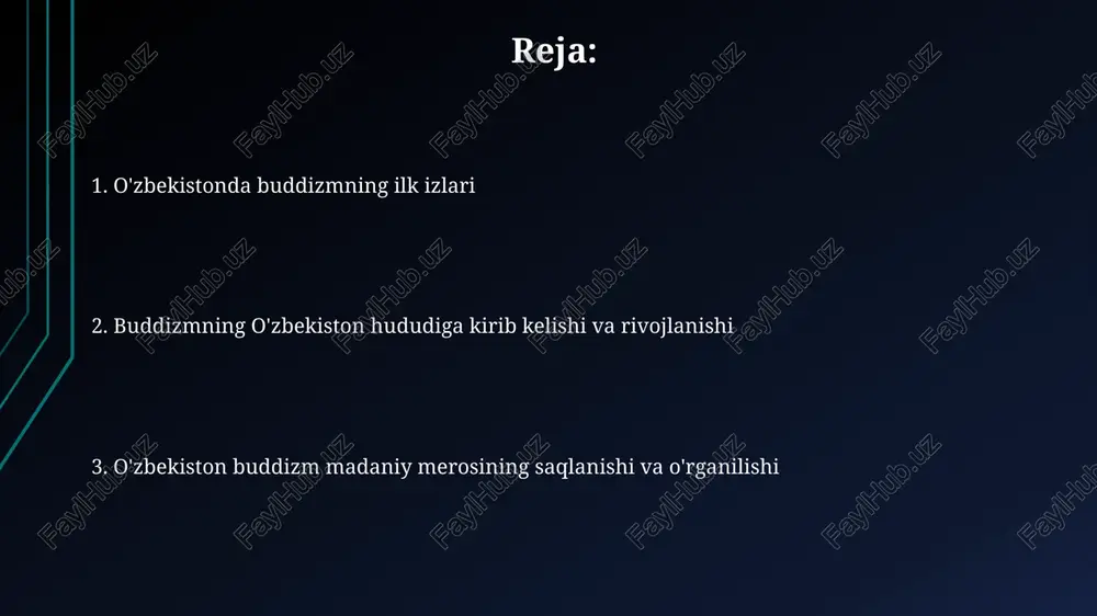 a musiqachilar tasvirlangan va kushon sanʼatining nodir namunasi hisoblanadi. majmuadan buddist haykaltaroshligining koʻplab qoldiqlari topilgan, jumladan, buddaning turli xil holatlardagi haykallari, ular kushon davri sanʼatining xususiyatlarini ochib beradi. dalvarzin-tepa: buddizm san'ati va madaniyatining namunalari dalvarzin-tepadan topilgan buddist san'at asarlari miloddan avvalgi 1-asr va milodiy 2-asrlarga oid boʻlib, kushon podsholigi davrida gullab-yashnagan. dalvarzin-tepada 1967-yilda topilgan budda haykali buddist san'atining noyob namunasi bo'lib, u ellinistik ta'sirni markaziy osiyo uslubi bilan uyg'unlashtirgan. qoratepa monastiri: g'or arxitekturasi va buddizm qoratepa majmuasi g'orlar, yer usti inshootlari va xom g'ishtli binolarni o'z ichiga olgan noyob arxitektura sintezini namoyish etadi, miloddan avvalgi ii-iv asrlarga tegishli. qoratepadagi g'or monastirining o'ziga xosligi buddist san'atining gandhara uslubidagi haykallari va rasmlari bilan bezatilganligida, bu mintaqadagi madaniy aloqalarni aks ettiradi. fayoztepa: buddizmning o'zbekistondagi merosi fayoztepa majmuasi kushonlar davriga (milodiy i-iii asrlar) oid boʻlib, u yerda buddizmning oʻzbekiston janubidagi muhim markazlaridan biri boʻlganligi arxeologik dalillar bilan tasdiqlangan. fayoztepada budda haykallari, ibodatxona xonalari va …