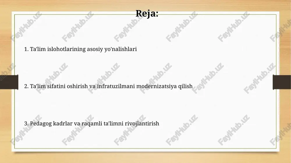 qaratilgan. ta'lim sifatini baholash tizimi ta'lim sifatini baholash tizimi pisa, timss va pirls kabi xalqaro baholash dasturlari orqali o'quvchilarning bilim darajasini aniqlashga qaratilgan va bu 2030 yilgacha rivojlanish maqsadlariga erishishda muhim. o'zbekistonda ta'lim sifatini baholash milliy baholash dasturi orqali amalga oshiriladi, bu o'quv dasturlari va o'qitish metodlarini takomillashtirish uchun 4-sinf va 9-sinf o'quvchilarining bilimini baholaydi. raqamli ta'lim va infratuzilmani rivojlantirish 2019-2023 yillarda "raqamli o'zbekiston" dasturi doirasida ta'lim muassasalarini zamonaviy kompyuter texnikasi bilan ta'minlash va internetga ulash ishlari jadallashtirildi, elektron ta'lim resurslari yaratildi. respublikada "elektron ta'lim" platformasi yaratilib, unda o'quv materiallari, testlar, interaktiv darslar joylashtirildi. 2025 yilgacha platformani yanada takomillashtirish va kontentni boyitish rejalashtirilgan. ta'limni moliyalashtirish va xalqaro hamkorlik ta'limni moliyalashtirishda davlat byudjeti xarajatlari 2017-yildan buyon sezilarli darajada oshirilib, ta'lim sifatini yaxshilashga yo'naltirilgan investitsiyalar hajmi ortdi. o'zbekiston ta'lim sohasida jahon banki va osiyo taraqqiyot banki bilan hamkorlikni kengaytirib, 100 million dollardan ortiq grant va kreditlar jalb qilgan. e'tiboringiz uchun rahmat image7.jpg …