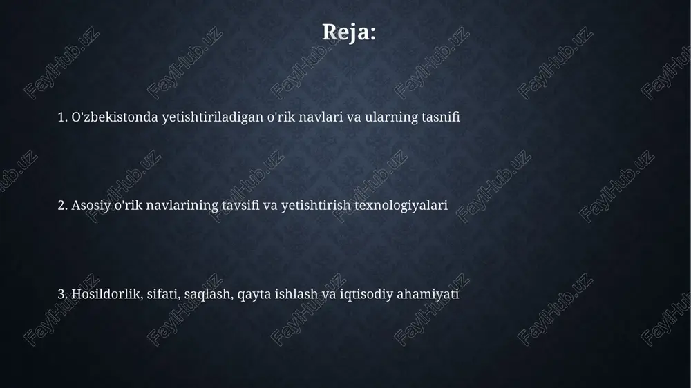 oq aholisining daromadlarini oshiradi va 150 ming gektardan ortiq maydonda yetishtiriladi, bu esa bandlikni ta'minlaydi. o'zbekiston o'rik eksporti bo'yicha dunyoda yetakchi o'rinlardan birini egallaydi, 2023-yilda 100 million aqsh dollaridan ortiq eksport hajmi qayd etildi, bu esa valyuta tushumini ko'paytiradi. o'rik seleksiyasi va istiqbolli navlar o'rik seleksiyasi o'zbekistonda 20 dan ortiq ilmiy muassasalarda olib borilib, yangi, yuqori hosilli, kasalliklarga chidamli 15 ga yaqin istiqbolli navlar yaratilgan. istiqbolli navlar orasida 'mirsaidiy' navi erta pishishi, yuqori sifati va 80-100 kg hosildorligi bilan ajralib turadi, hamda 'subxoni' navi kech gullashi bilan xarakterlanadi. o'zbekistonda yetishtiriladigan o'rik navlari o'zbekistonda 50 dan ortiq o'rik navlari yetishtiriladi, ularning aksariyati mahalliy bo'lib, “subhoni”, “isfarak”, “mirsanjali” kabi xalq seleksiyasi orqali yaratilgan. o'rik navlari pishib yetilish muddatiga qarab erta (iyun), o'rta (iyul) va kechki (avgust) navlarga bo'linadi, bu esa hosilni uzoqroq muddatga ta'minlash imkonini beradi. e'tiboringiz uchun rahmat image2.png image3.jpg image4.jpg image5.jpg image6.jpg image7.jpg image8.jpg image9.jpg