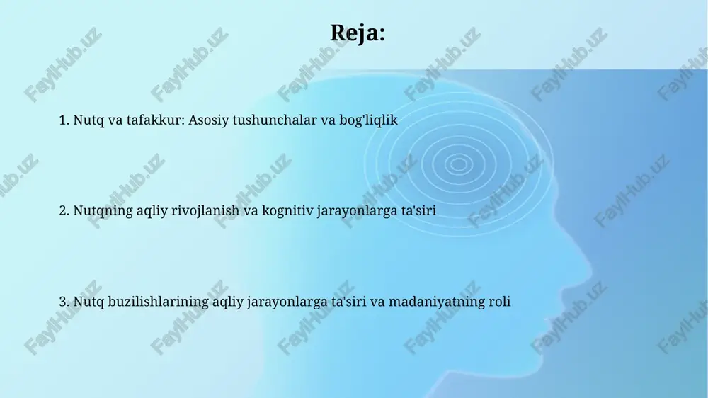 azifalarni almashtirishda 15% gacha yaxshilaydi, bu moslashuvchan kognitiv nazoratni oshiradi. ko'p tillilik 25% gacha demansning boshlanishini kechiktirishi mumkin, chunki miyaning kognitiv zaxirasi mustahkamlanadi va nevrologik himoya ta'minlanadi. madaniyatning nutq va aqliy jarayonlarga ta'siri madaniyat tilni shakllantiradi, bu esa o'z navbatida tafakkur jarayonlarini o'zgartiradi. misol uchun, ba'zi tillarda kelajak zamon fe'llarining yo'qligi kelajakni rejalashtirishga ta'sir qilishi mumkin. madaniy qadriyatlar nutq uslubiga ta'sir qiladi. yuqori kontekstli madaniyatlar (masalan, yaponiya) bevosita bo'lmagan kommunikatsiyaga tayanadi, bu esa idrok jarayonlariga ta'sir qiladi. tadqiqotlar, nazariyalar va xulosalar vigotskiyning sotsiokultural nazariyasi nutqning kognitiv rivojlanishdagi hal qiluvchi rolini ta'kidlaydi, bolalar o'zlarining atrofidagilar bilan bo'lgan muloqotlari orqali yuqori aqliy funktsiyalarni o'rganadilar. piagetning kognitiv rivojlanish nazariyasiga ko'ra, nutq aqliy tuzilmalarni aks ettiradi va ularni qurishga yordam beradi. tadqiqotlar 4-7 yoshdagi bolalarda egotsentrik nutq aqliy rivojlanishning ko'rsatkichi ekanligini ko'rsatadi. e'tiboringiz uchun rahmat image2.jpg image3.jpg image4.jpg image5.jpg image6.jpg image7.jpg image8.jpg image1.png