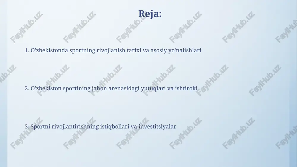 larga erishib, o'z mahoratlarini namoyish etdilar va bu orqali mamlakatni ushbu sport turida taniqli qildilar. sport infratuzilmasi, ta'lim va kadrlar tayyorlash o'zbekistonda 100 dan ortiq sport maktablari faoliyat yuritadi, ular orasida olimpiya zaxiralari kollejlari va ixtisoslashtirilgan sport maktab-internatlari yosh sportchilarni tayyorlashda muhim rol o'ynaydi. respublikada sport infratuzilmasi doimiy ravishda yangilanib, 200 dan ortiq zamonaviy sport majmualari, stadionlar, suzish havzalari va boshqa ob'ektlar qurilgan va rekonstruksiya qilingan. o'zbekiston sportining jahon arenasidagi o'rni: muammolar va istiqbollar o'zbekistonning jahon sportidagi o'rni hozircha barqaror emas, ko'p sport turlarida reytinglar past. bu muammo 2030-yilgacha yuqori malakali sportchilarni tayyorlash strategiyasini amalga oshirishni talab qiladi. moliyalashtirishning yetarli emasligi va sport infratuzilmasining ayrim joylarda eskirganligi natijasida, o'zbekiston 2025-yilgacha sport sohasiga xususiy investitsiyalarni jalb qilish bo'yicha ishlarni kuchaytirishi zarur. e'tiboringiz uchun rahmat image4.png image5.png image6.jpg image7.jpg image8.jpg image9.jpg image10.jpg image11.jpg image1.jpeg