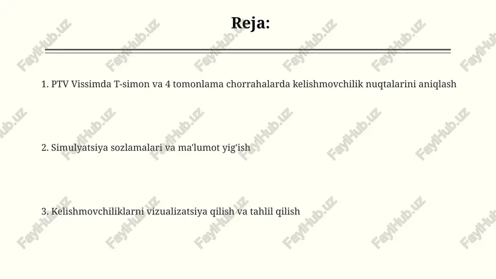 bo'lmasligi shart. simulyatsiya natijalarida transport vositalarining kechikish vaqtlarini aniqlash orqali harakat xavfsizligini baholash, masalan, 95-percentil kechikish 15 sekunddan oshmasligi kerak. to'qnashuv ehtimolini baholash uchun surrogate safety assessment model (ssam) dan foydalanish, unda pit ko'rsatkichi 1000 soatda 2 dan kam bo'lishi kerak. e'tiboringiz uchun rahmat image2.png