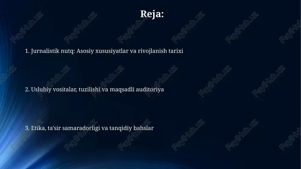 sabab bo'ladigan jihatlardan biri - bu jurnalistlarning 2020-yildagi siyosiy qarashlari, bu ularning xolisligiga shubha uyg'otadi va ishonchni pasaytiradi. ta'sir, samaradorlik va tanqid jurnalistik nutqning ta'siri 25% faktlarga asoslangan xabarlarni yetkazish orqali auditoriyaning dunyoqarashini shakllantirishda yaqqol namoyon bo'ladi. samaradorlikni baholashda 1000 o'quvchi orasida o'tkazilgan so'rov natijalari inobatga olinadi, xabarning tushunarliligi va qabul qilinishi asosiy o'lchov hisoblanadi. e'tiboringiz uchun rahmat image5.jpg image6.jpg image7.jpg image8.jpg image9.jpg image10.jpg image1.jpeg